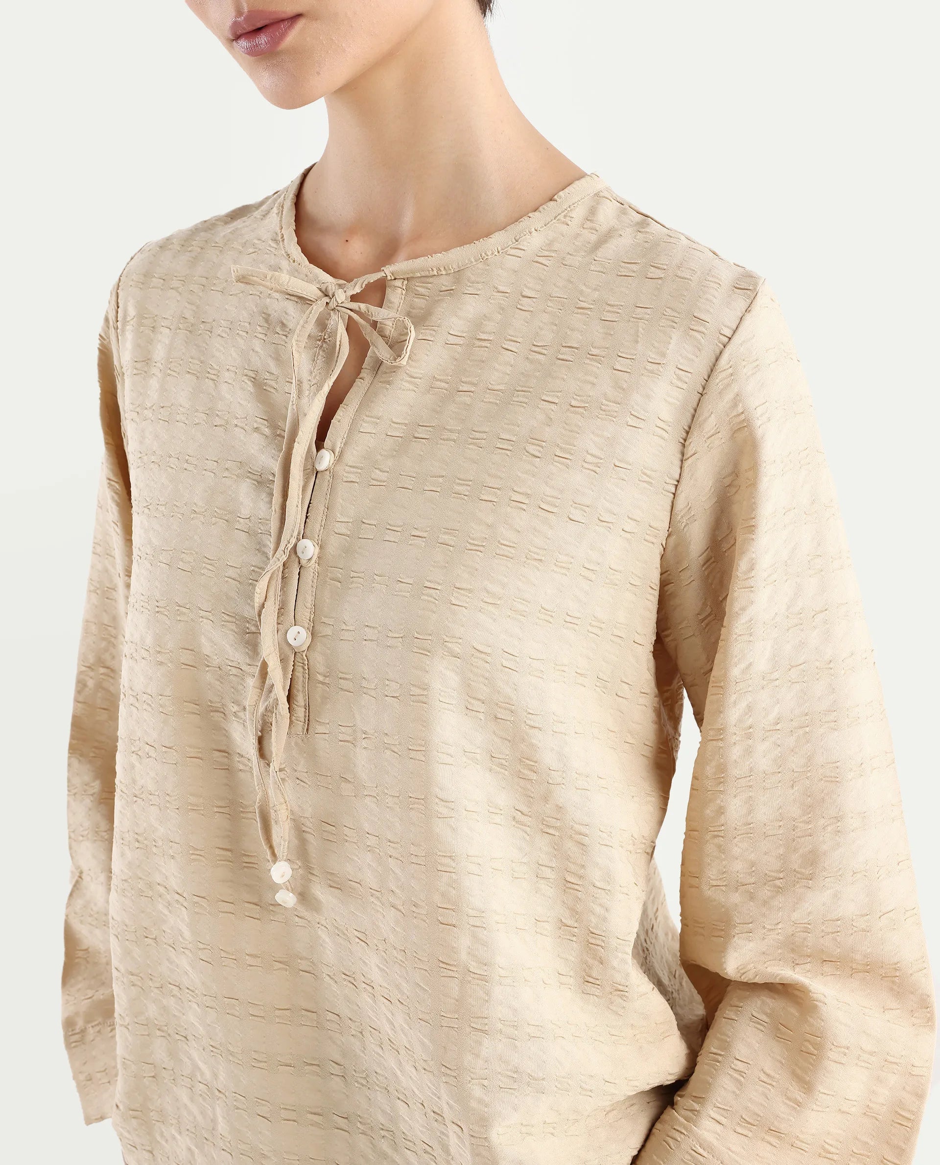 Rareism Women's Metio Light Beige Polyester Blend Tie-Up Neck Plain Relaxed Fit Top