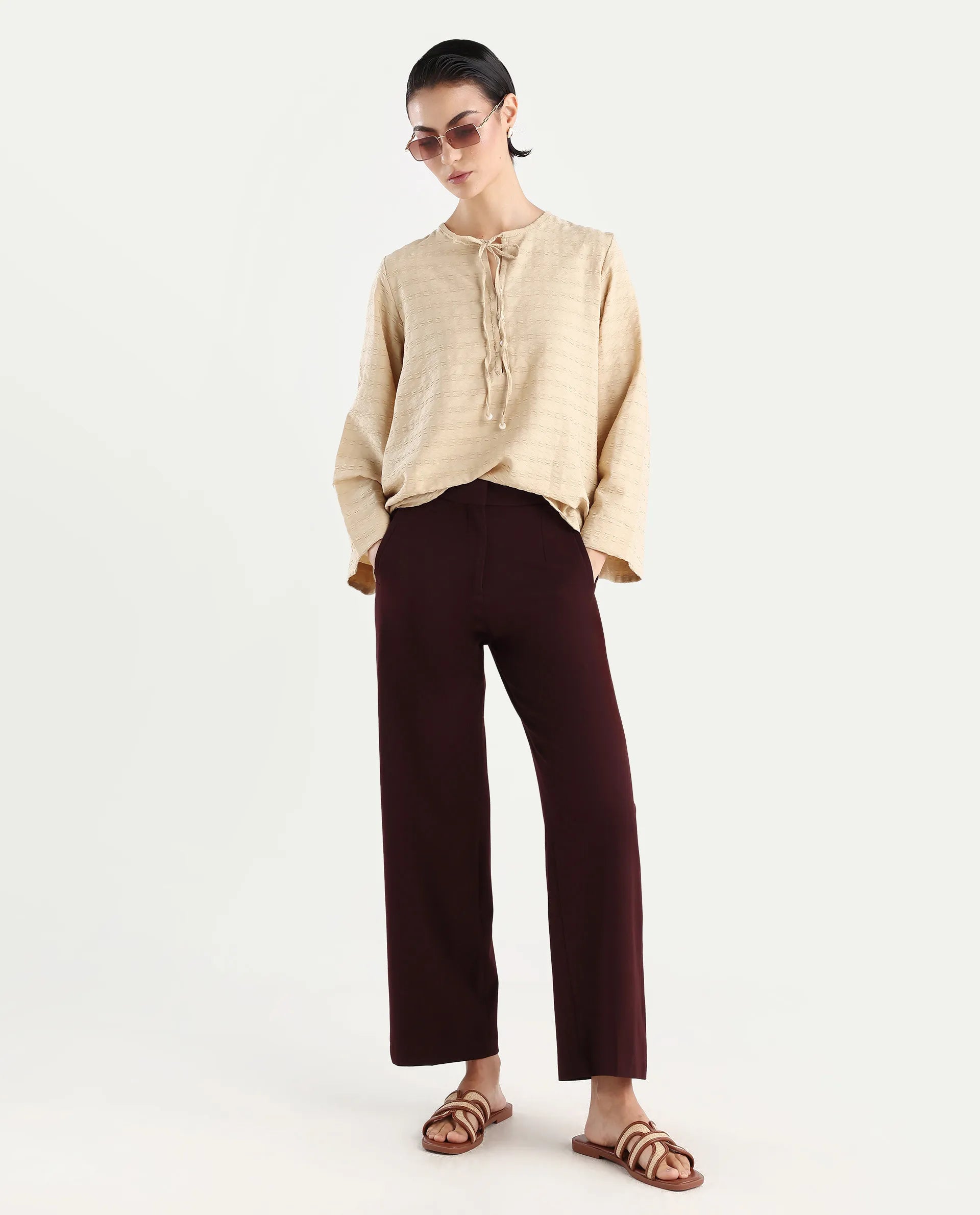 Rareism Women's Metio Light Beige Polyester Blend Tie-Up Neck Plain Relaxed Fit Top