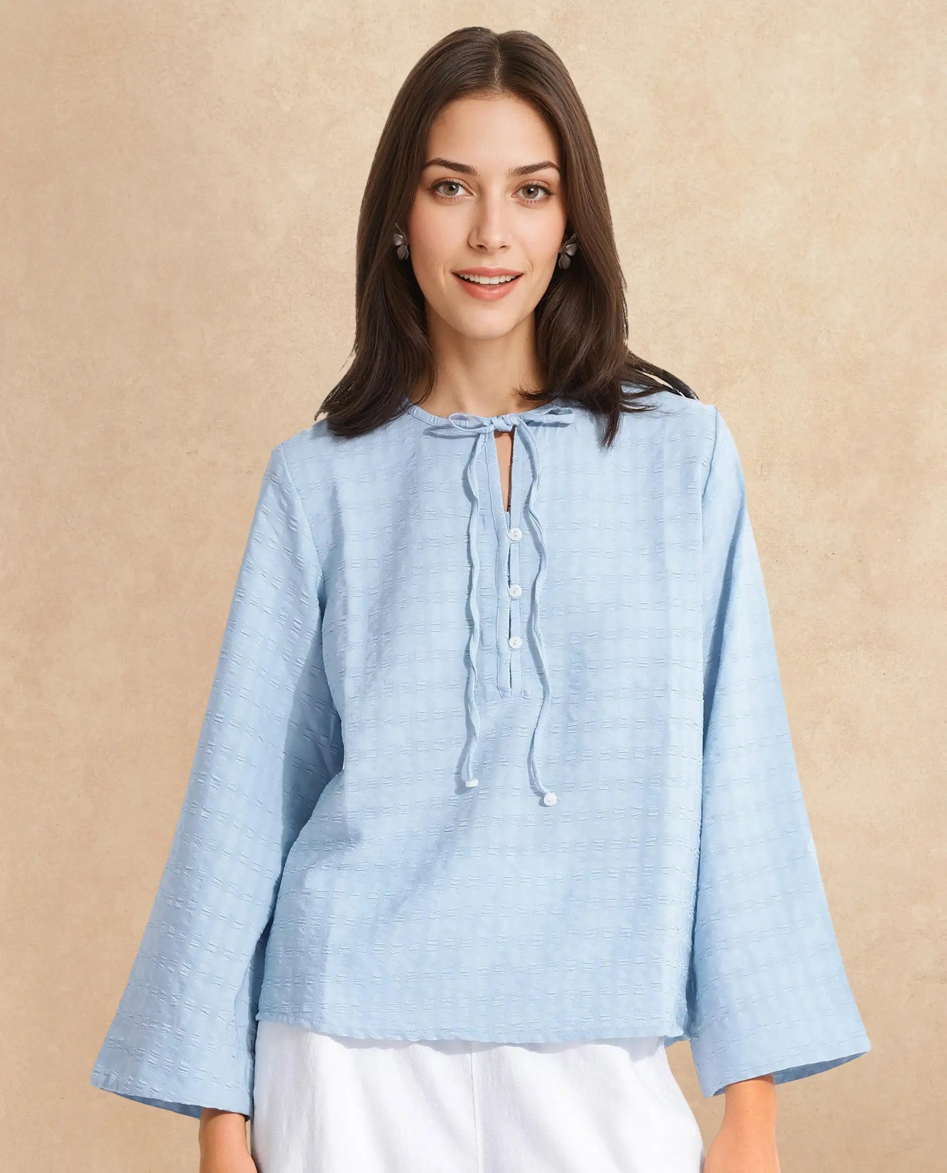 Rareism Women Metio Blue Full Sleeve Tie Up Neck Relaxed Fit Plain Top