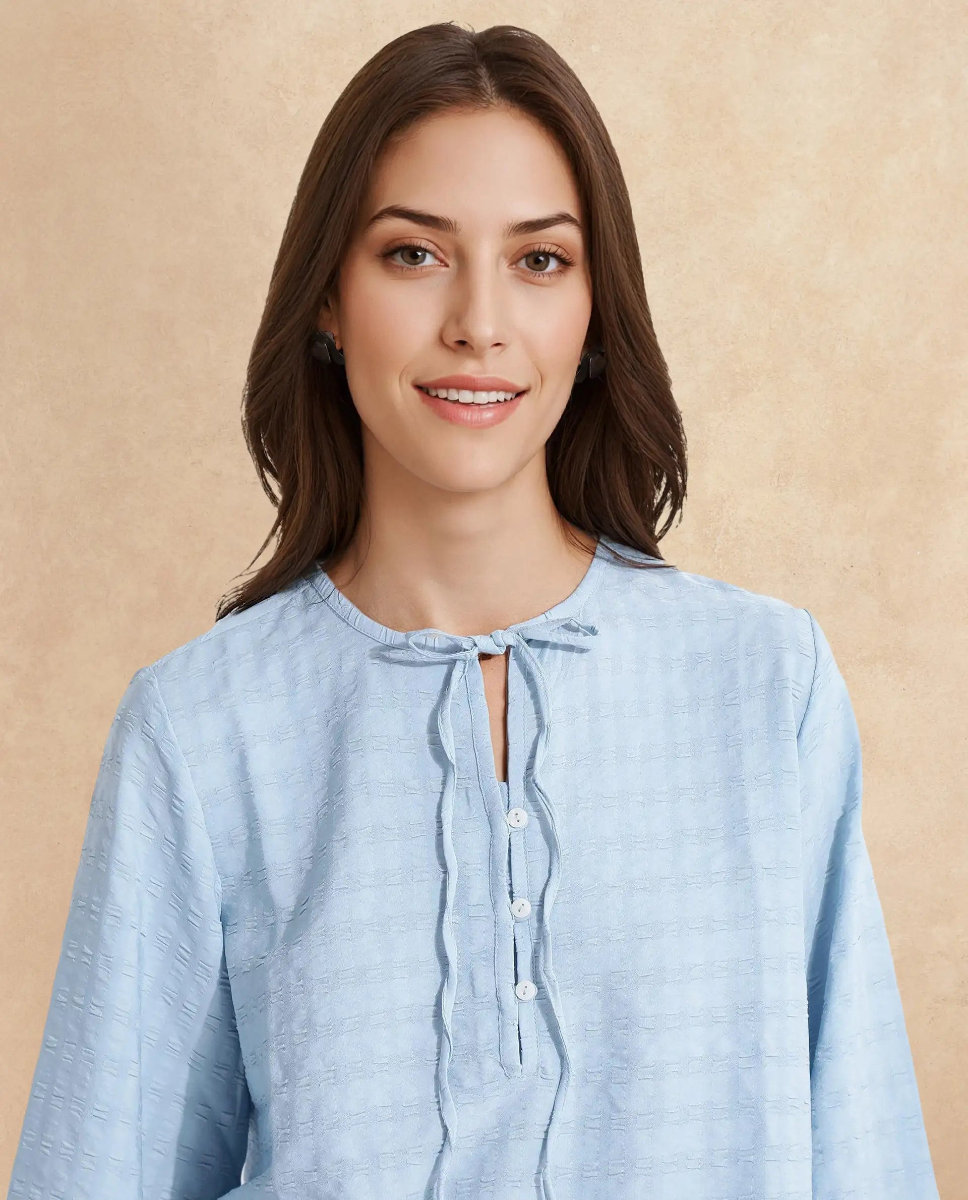 Rareism Women Metio Blue Full Sleeve Tie Up Neck Relaxed Fit Plain Top