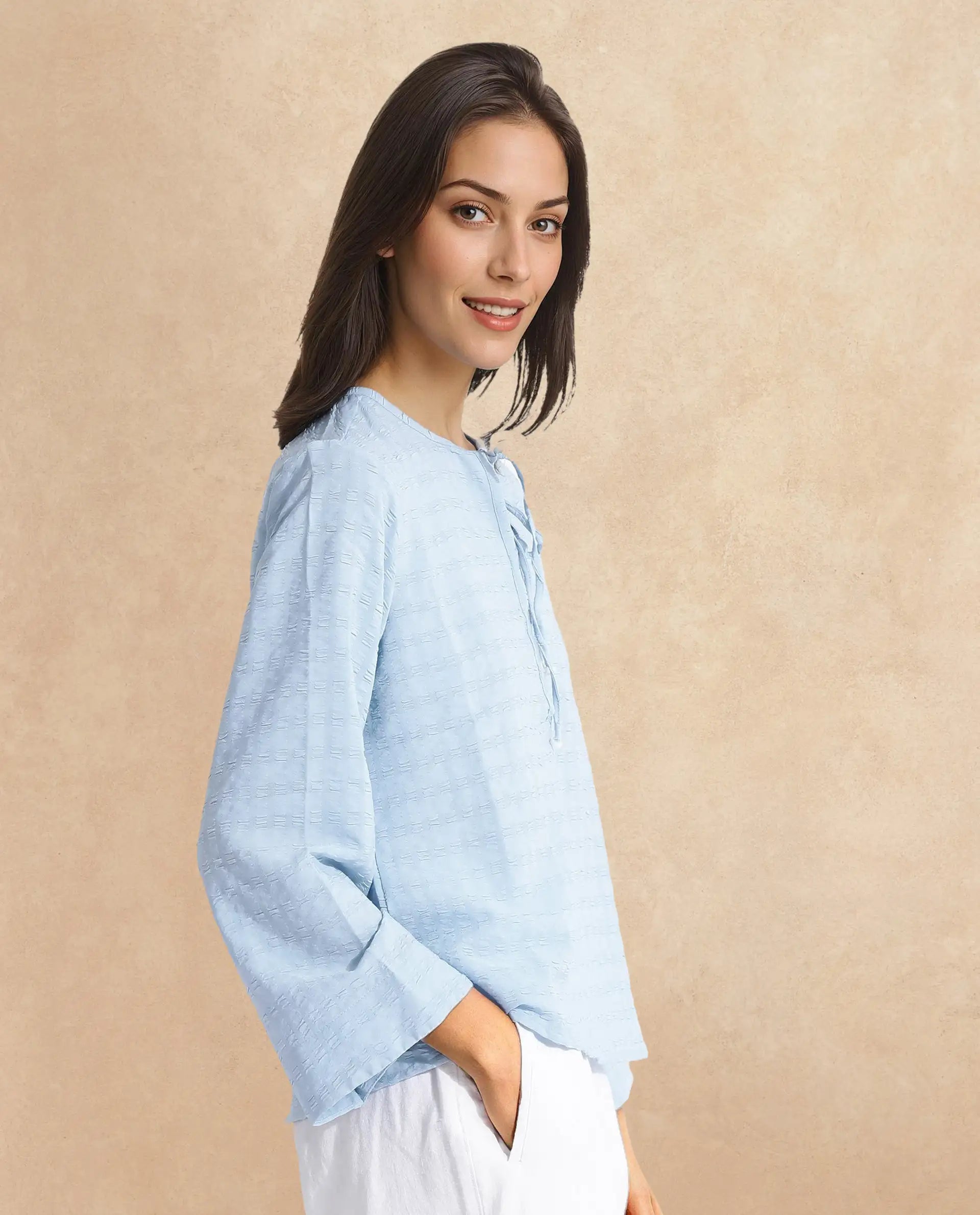 Rareism Women Metio Blue Full Sleeve Tie Up Neck Relaxed Fit Plain Top