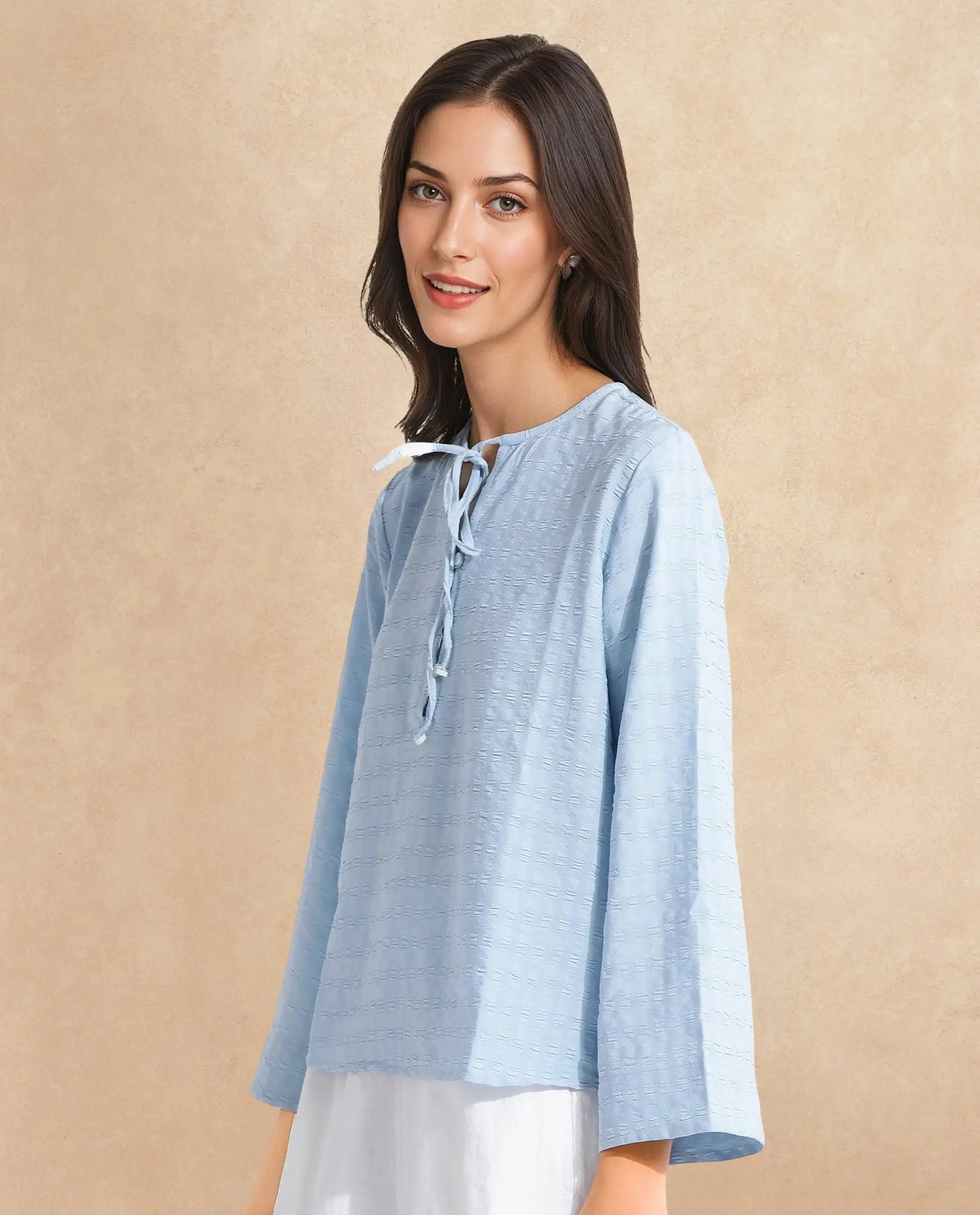 Rareism Women Metio Blue Full Sleeve Tie Up Neck Relaxed Fit Plain Top