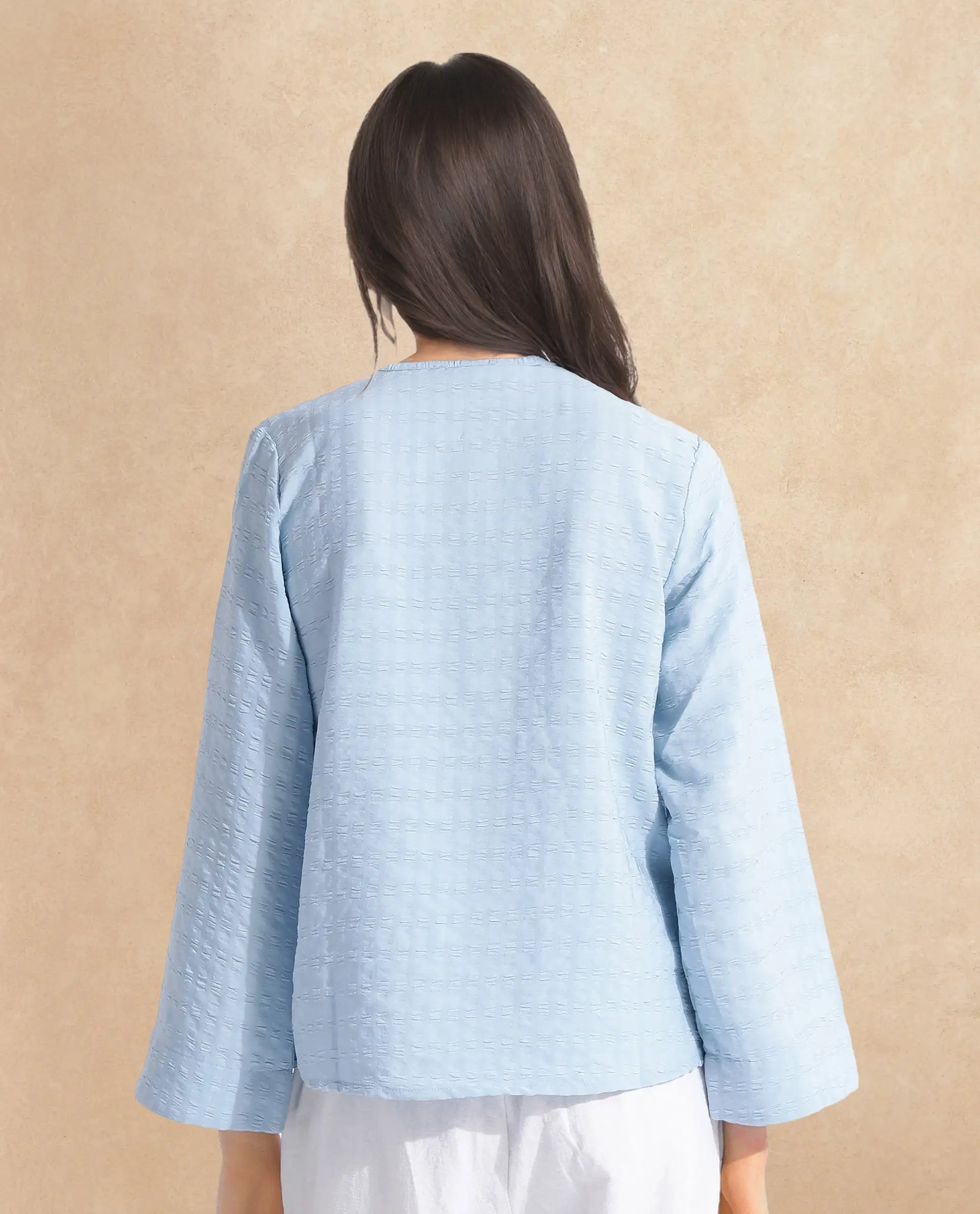 Rareism Women Metio Blue Full Sleeve Tie Up Neck Relaxed Fit Plain Top