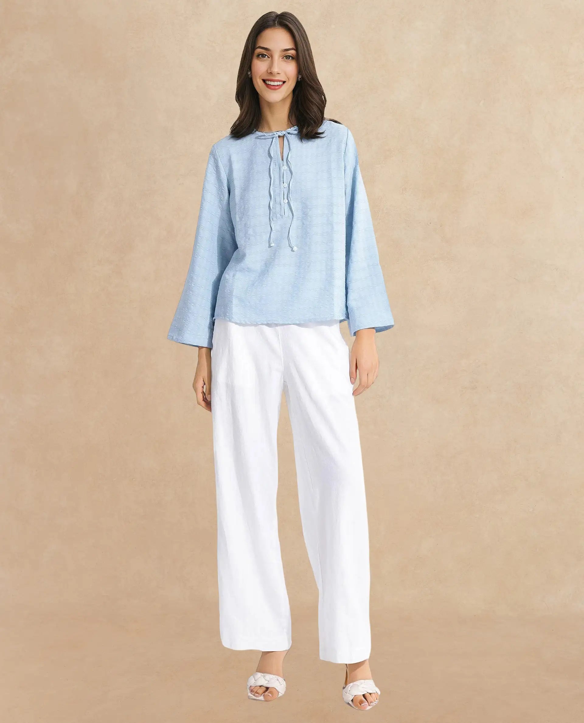 Rareism Women Metio Blue Full Sleeve Tie Up Neck Relaxed Fit Plain Top