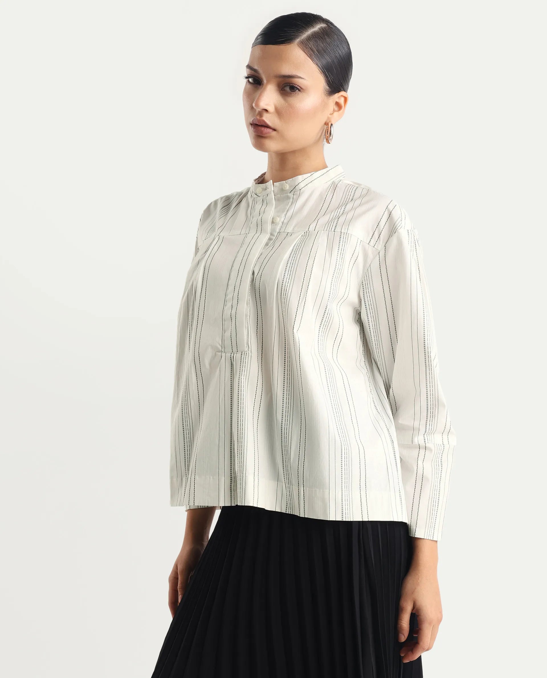 Rareism Women's Meton White Polyester Blend Mandarin Collar Striped Relaxed Fit Top