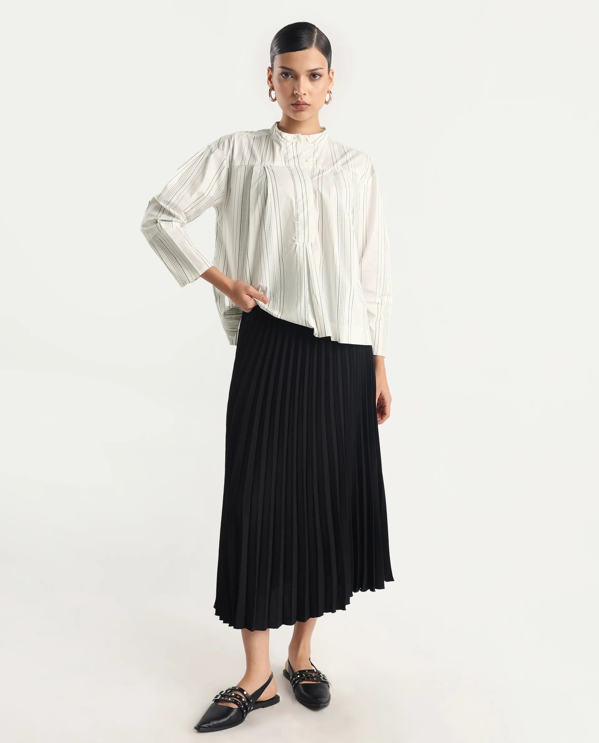 Rareism Women's Meton White Polyester Blend Mandarin Collar Striped Relaxed Fit Top