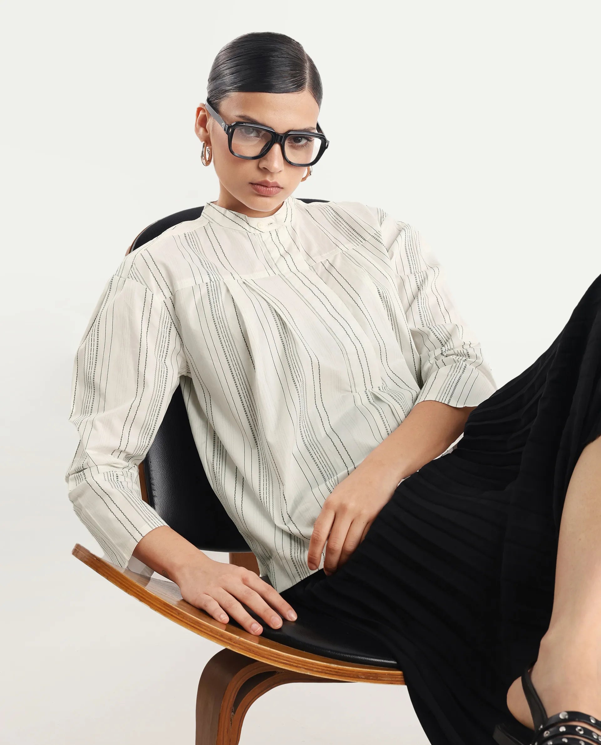 Rareism Women's Meton White Polyester Blend Mandarin Collar Striped Relaxed Fit Top