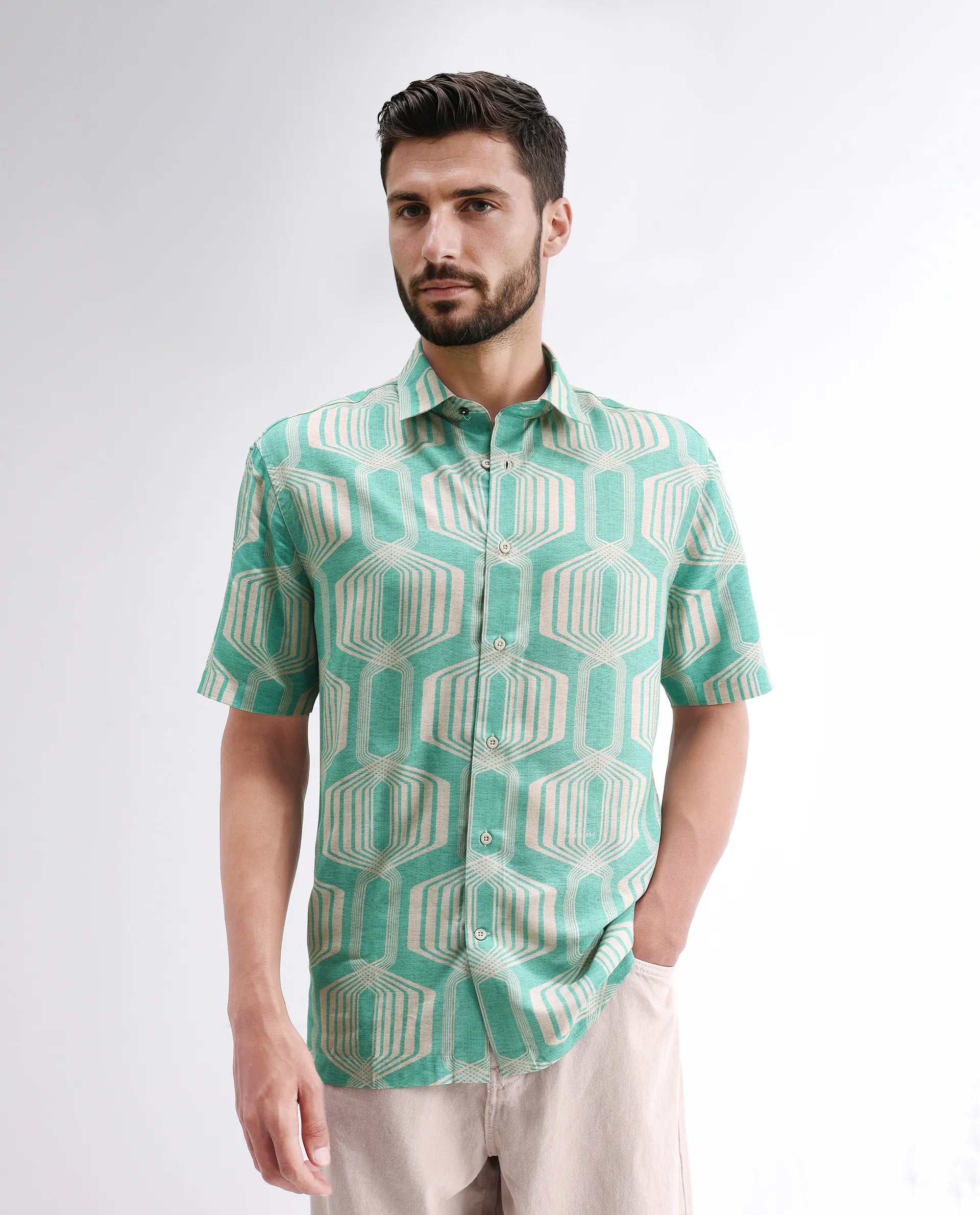 Rare Rabbit Men's Met Turq Viscose Geometric Print Regular Fit Half Sleeve Collared Shirt