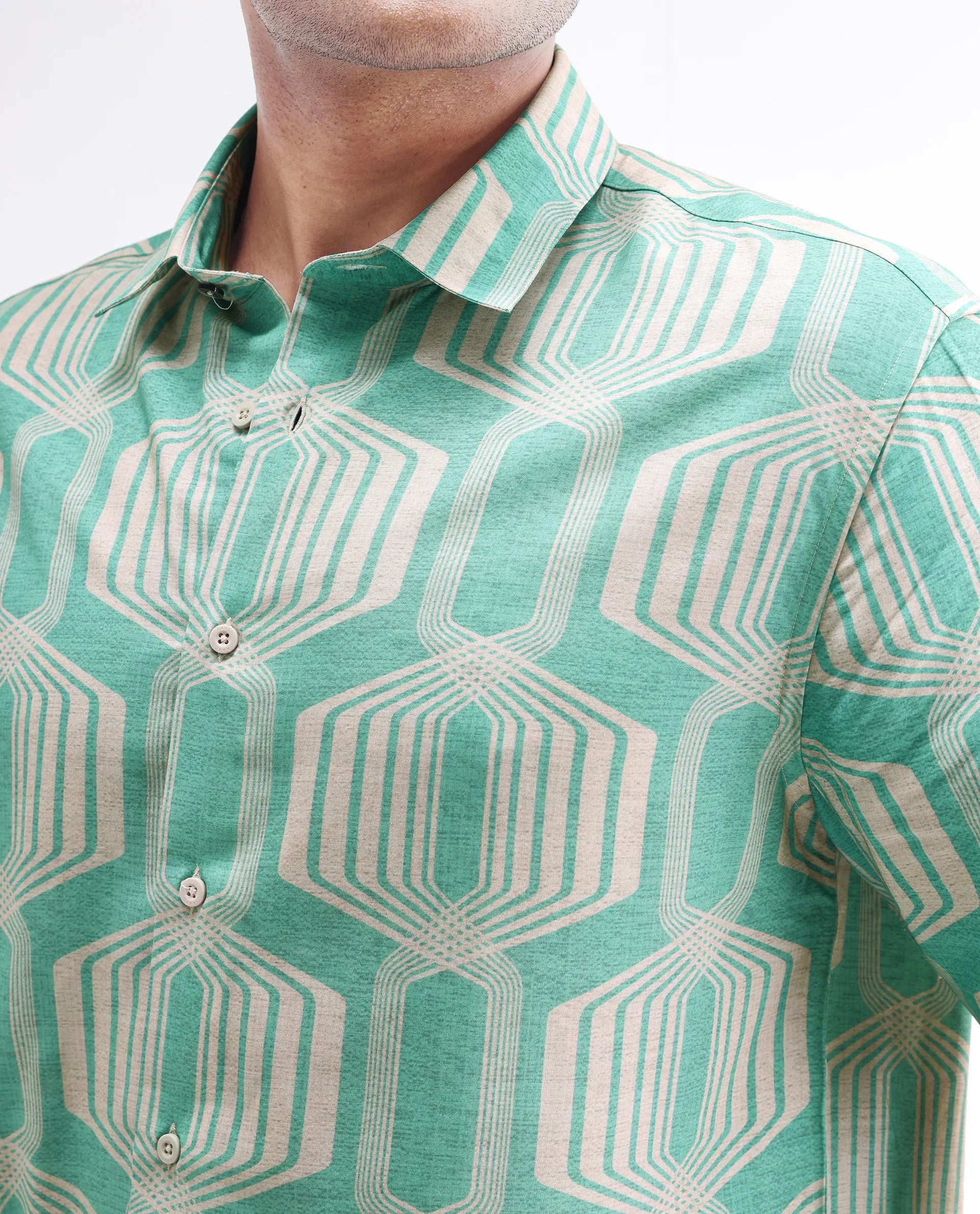 Rare Rabbit Men's Met Turq Viscose Geometric Print Regular Fit Half Sleeve Collared Shirt