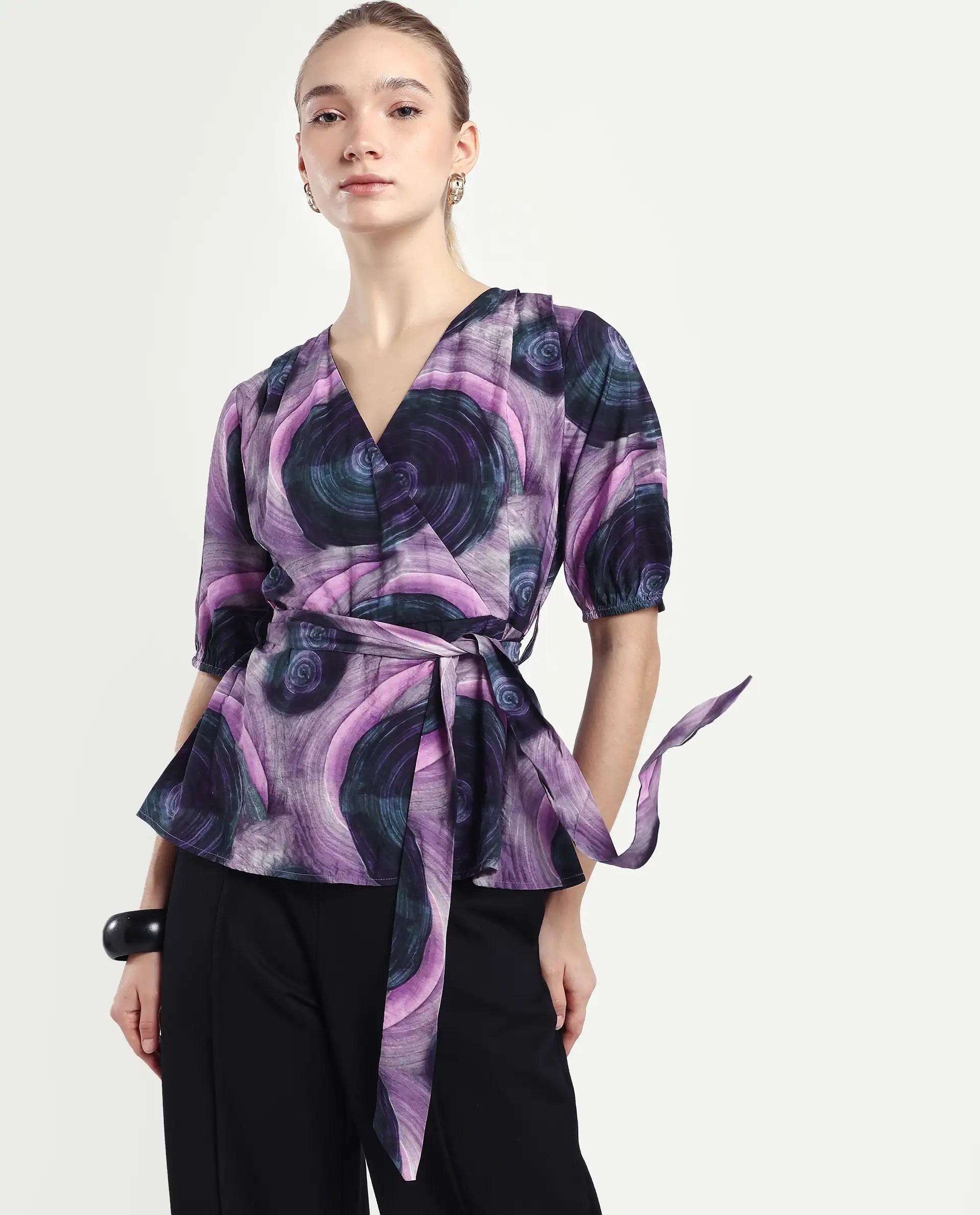 Rareism Women's Metunia Dark Multi Nylon Blend Overlap Neck Abstract Print Puff Sleeves Regular Fit Top