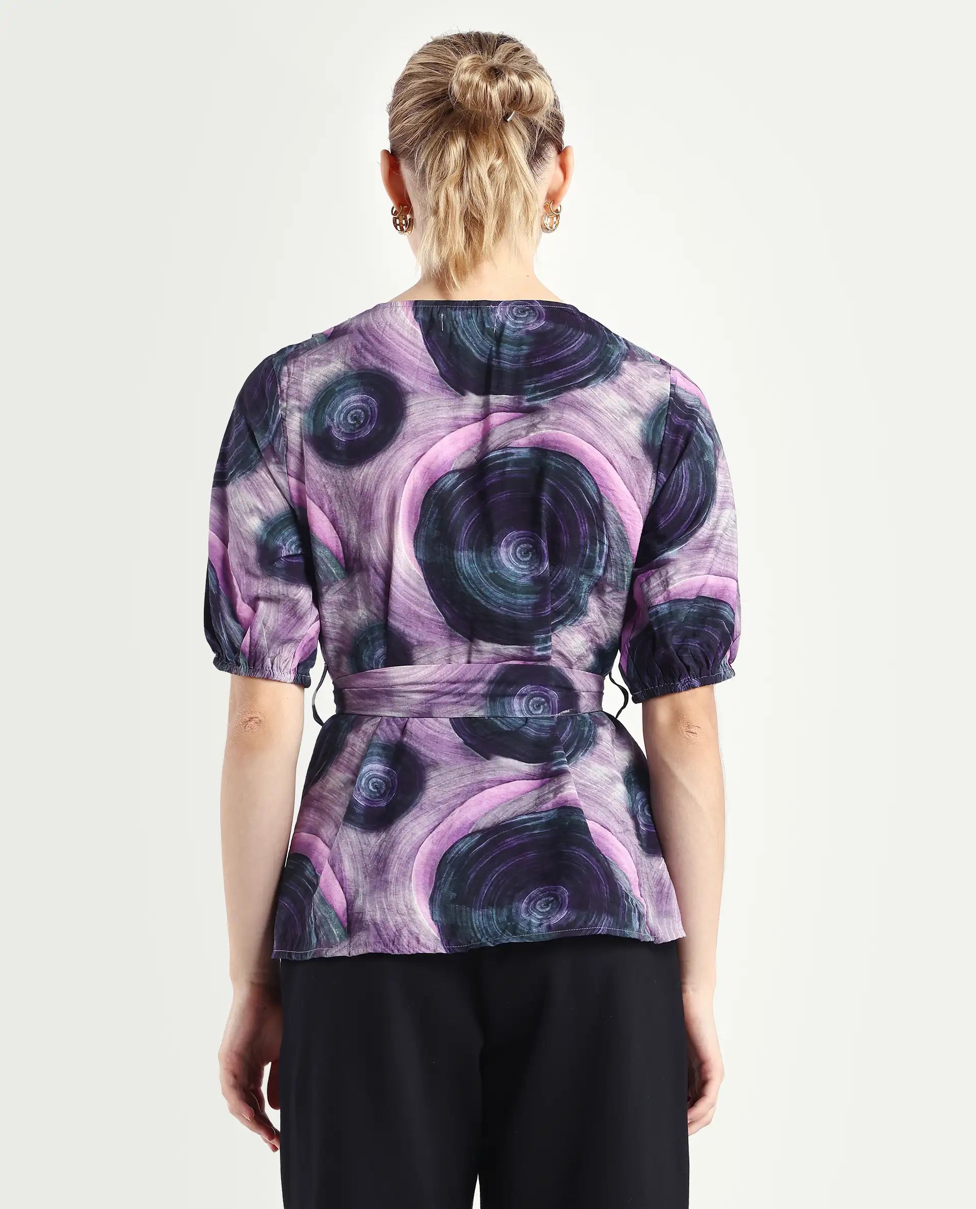 Rareism Women's Metunia Dark Multi Nylon Blend Overlap Neck Abstract Print Puff Sleeves Regular Fit Top