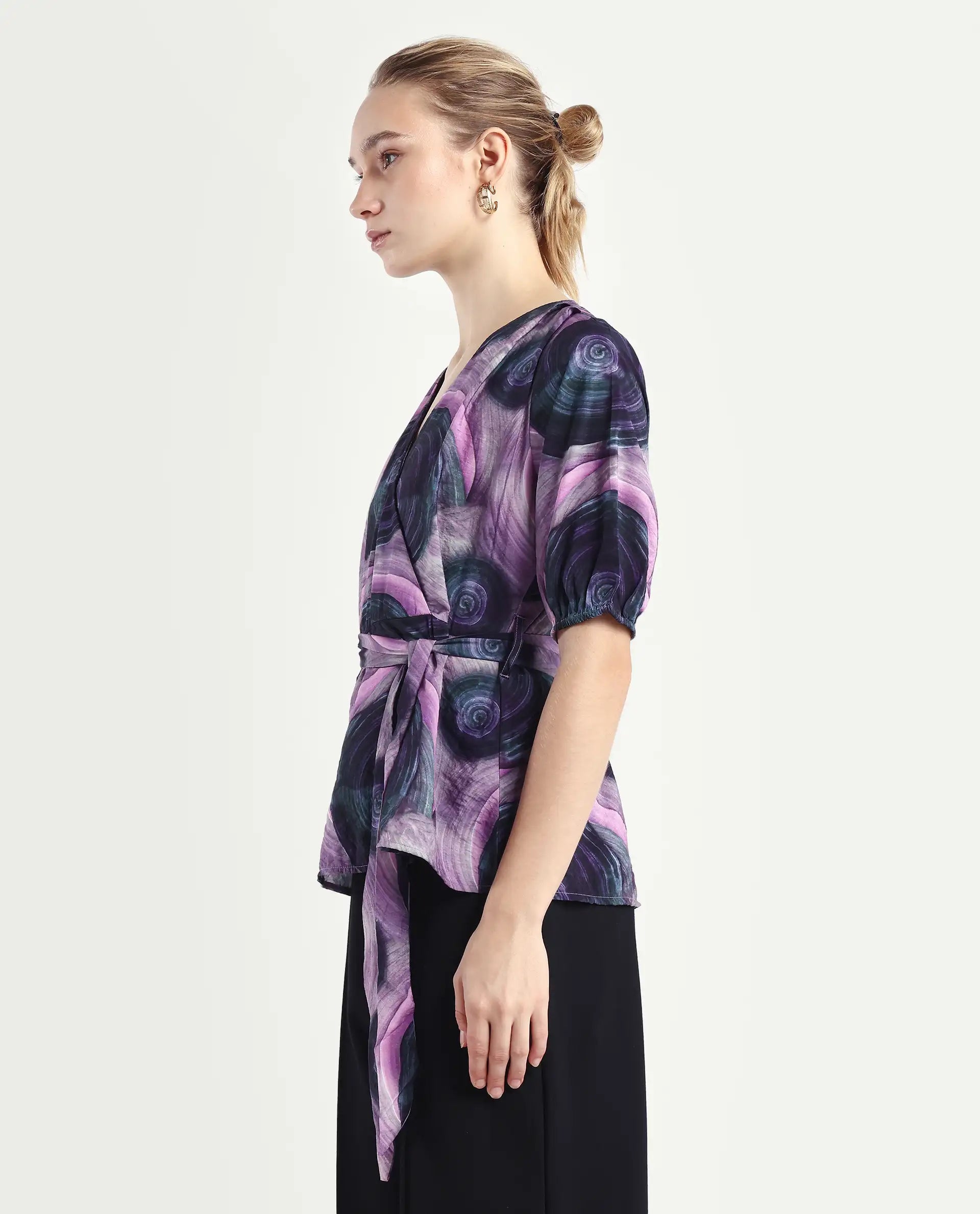 Rareism Women's Metunia Dark Multi Nylon Blend Overlap Neck Abstract Print Puff Sleeves Regular Fit Top