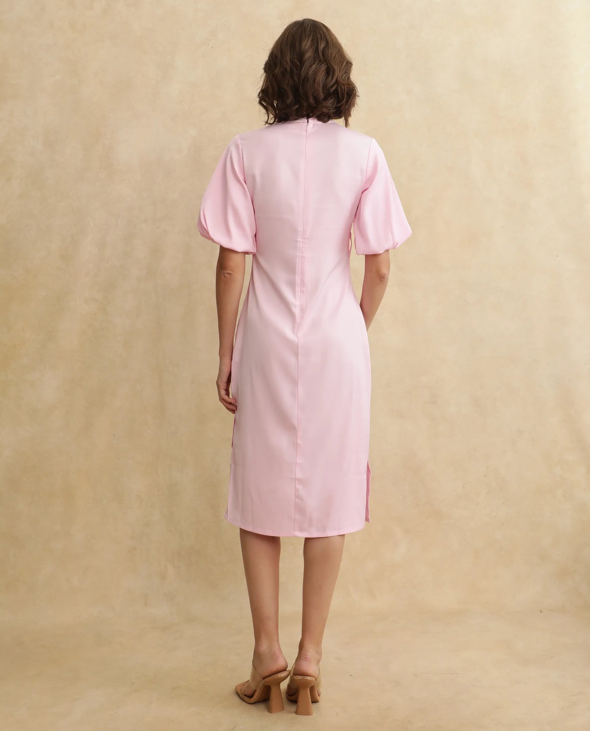 Rareism Women's Metz Light Pink Satin Fabric High Neck Zipper Closure Balloon Sleeve Dyed Bodycon Midi Dress