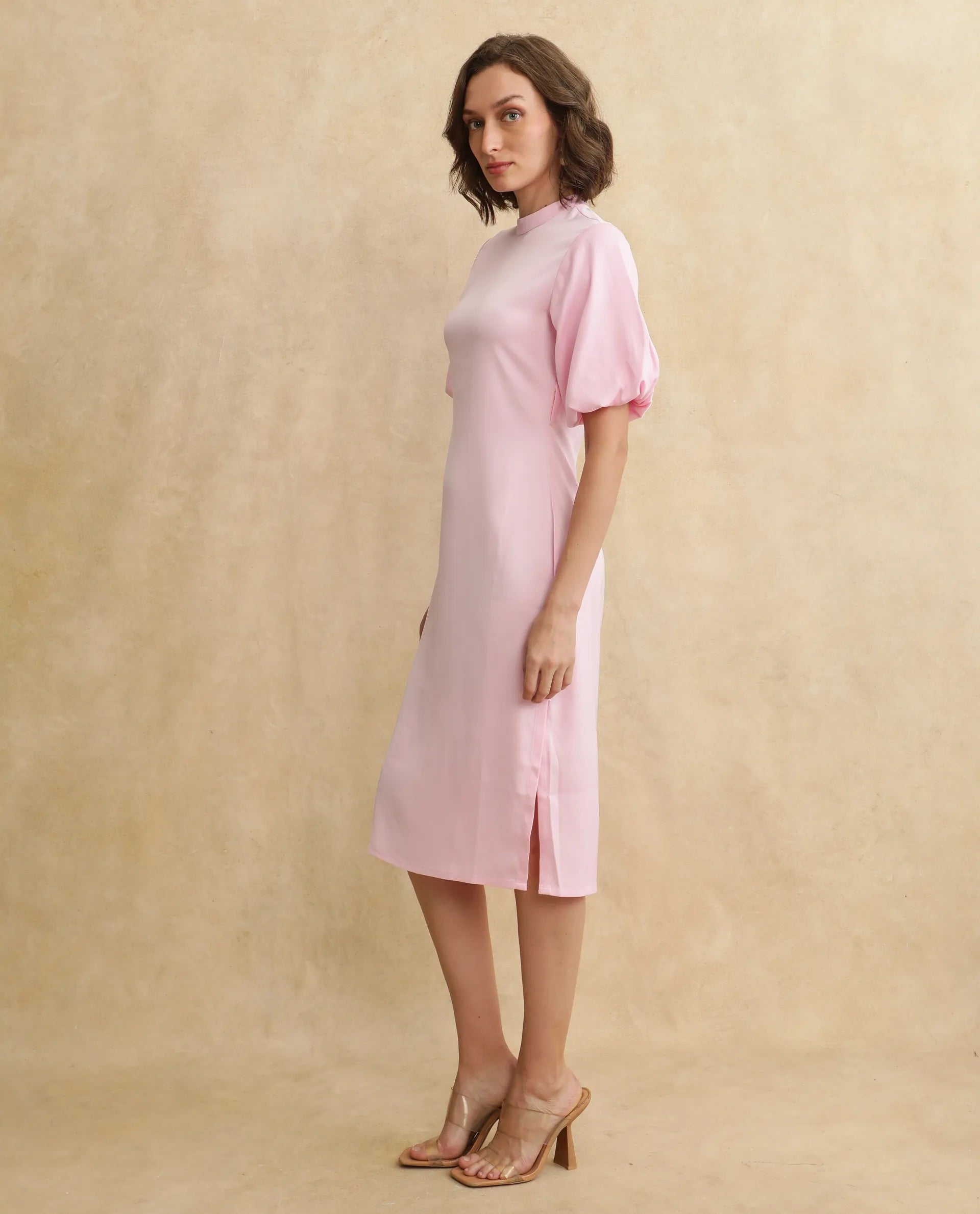 Rareism Women's Metz Light Pink Satin Fabric High Neck Zipper Closure Balloon Sleeve Dyed Bodycon Midi Dress