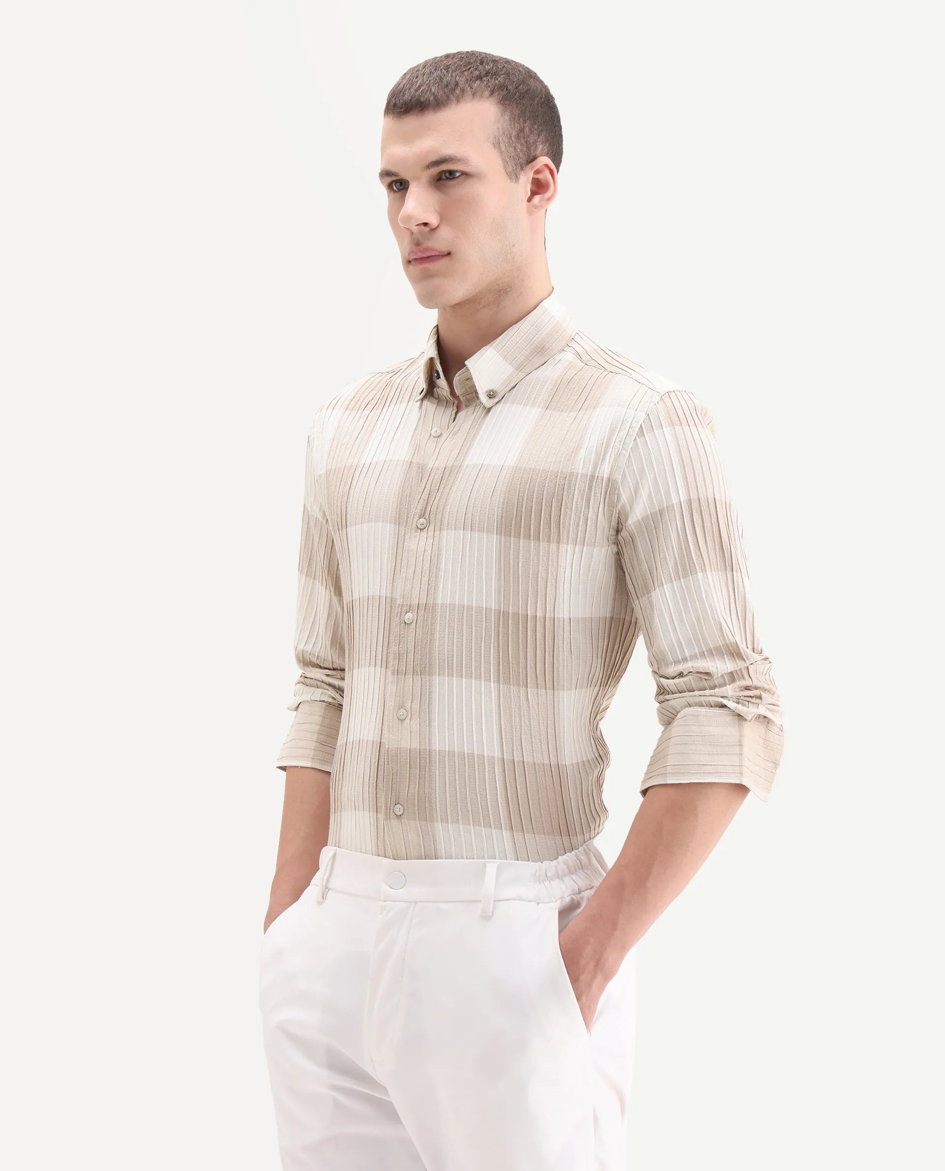 Rare Rabbit Men's Mew Brown Cotton Checked Print Regular Fit Full Sleeve Button-Down Collar Shirt