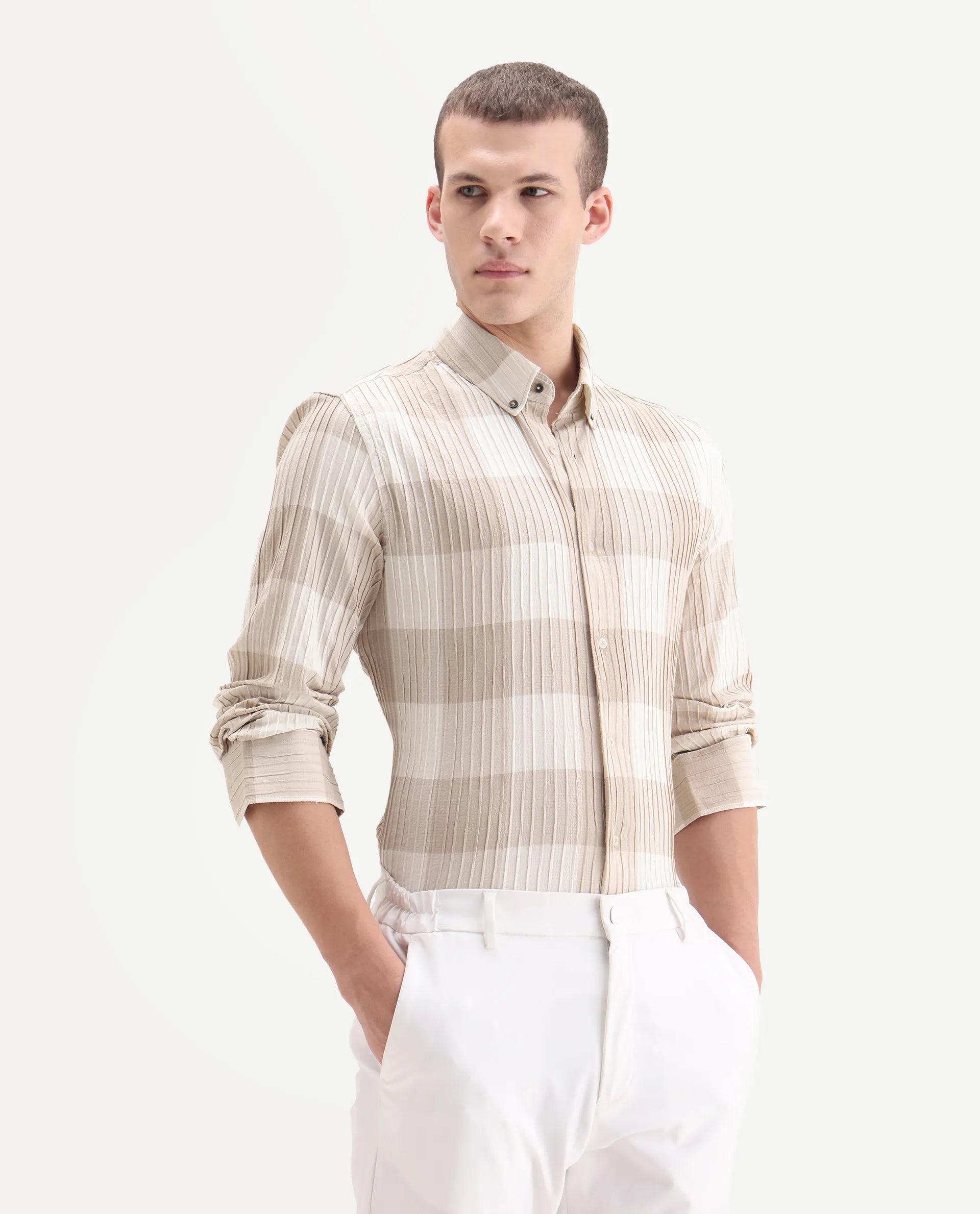 Rare Rabbit Men's Mew Brown Cotton Checked Print Regular Fit Full Sleeve Button-Down Collar Shirt