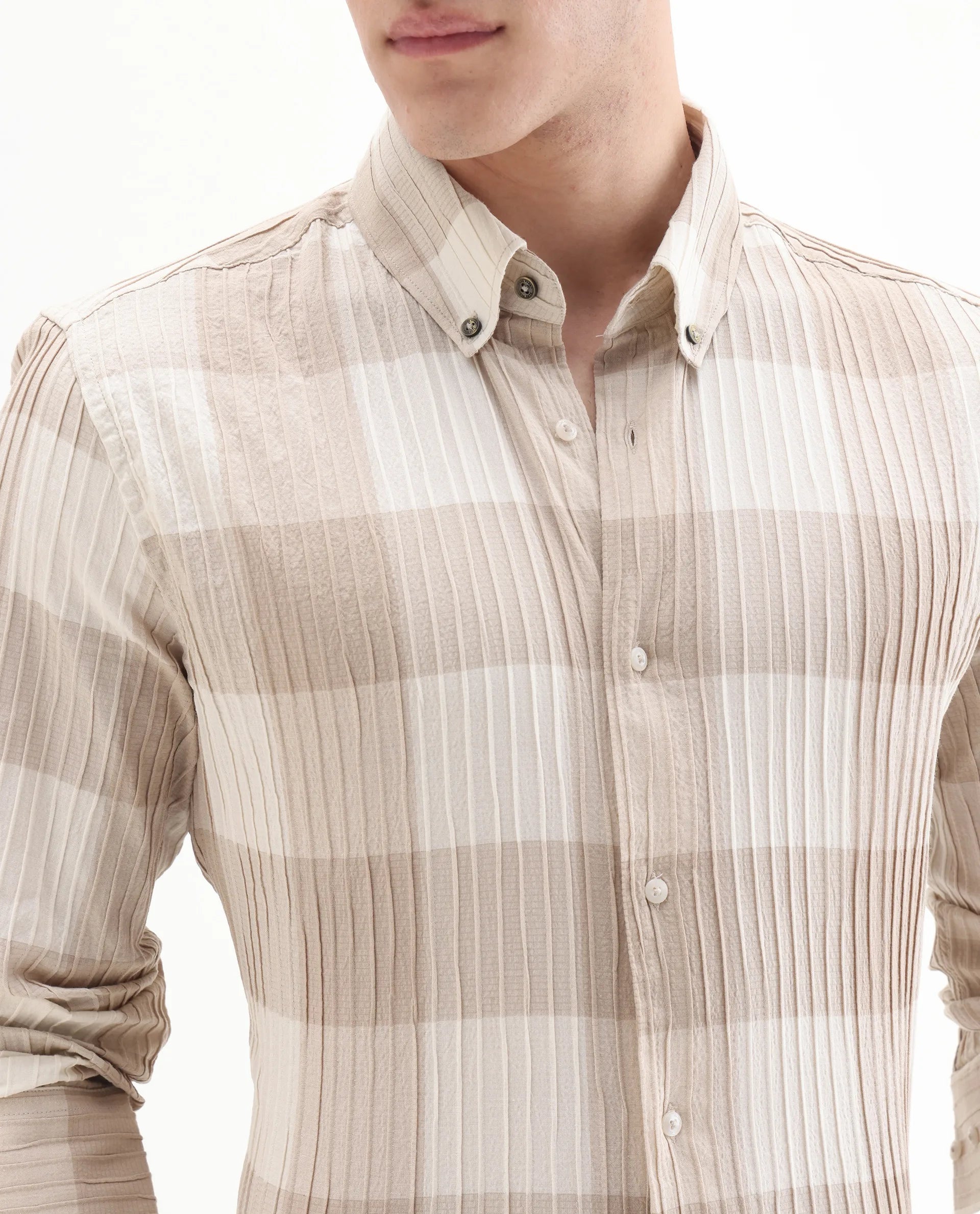 Rare Rabbit Men's Mew Brown Cotton Checked Print Regular Fit Full Sleeve Button-Down Collar Shirt