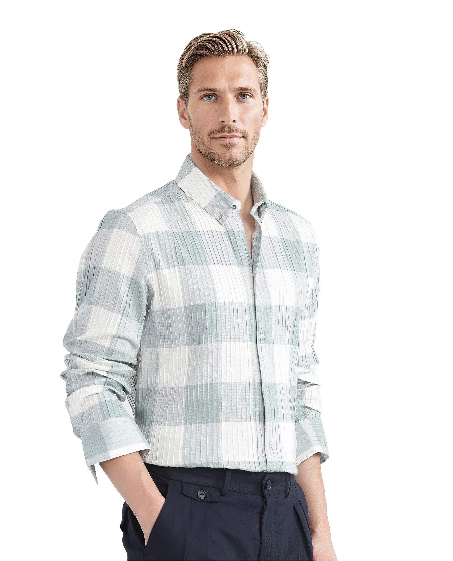 Rare Rabbit Men's Mew Turq Cotton Fabric Full Sleeve Regular Collared Button Closure Ribbed Check Printed Shirt