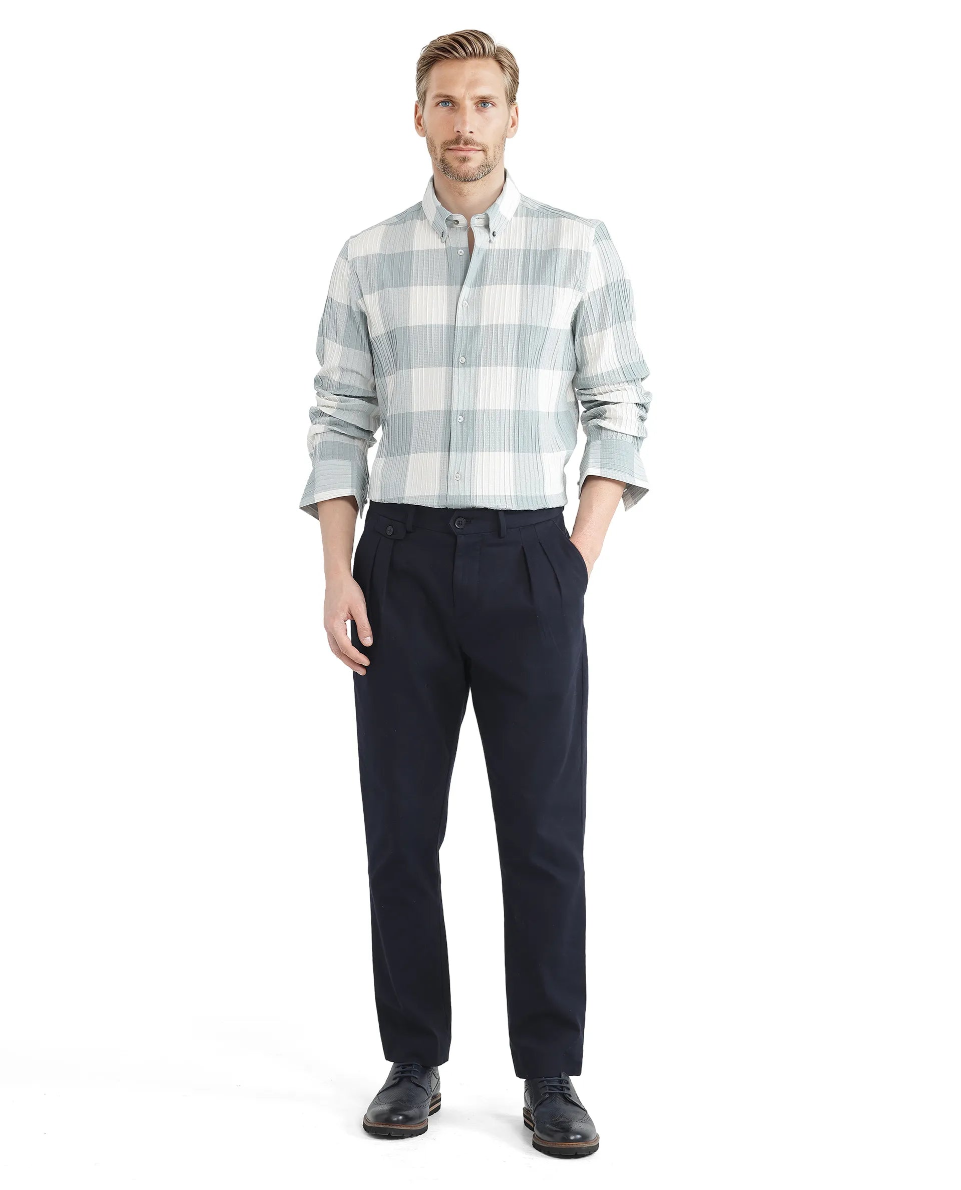 Rare Rabbit Men's Mew Turq Cotton Fabric Full Sleeve Regular Collared Button Closure Ribbed Check Printed Shirt