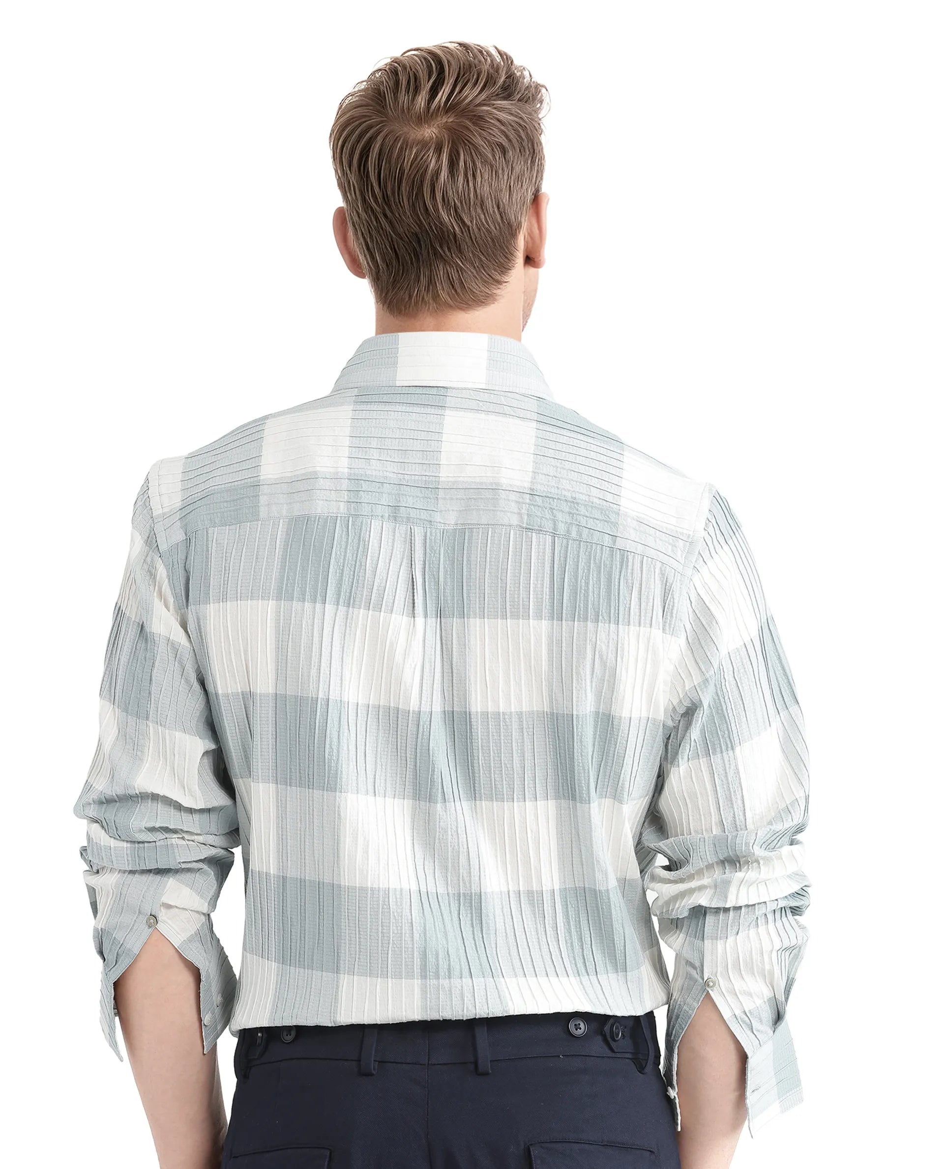 Rare Rabbit Men's Mew Turq Cotton Fabric Full Sleeve Regular Collared Button Closure Ribbed Check Printed Shirt