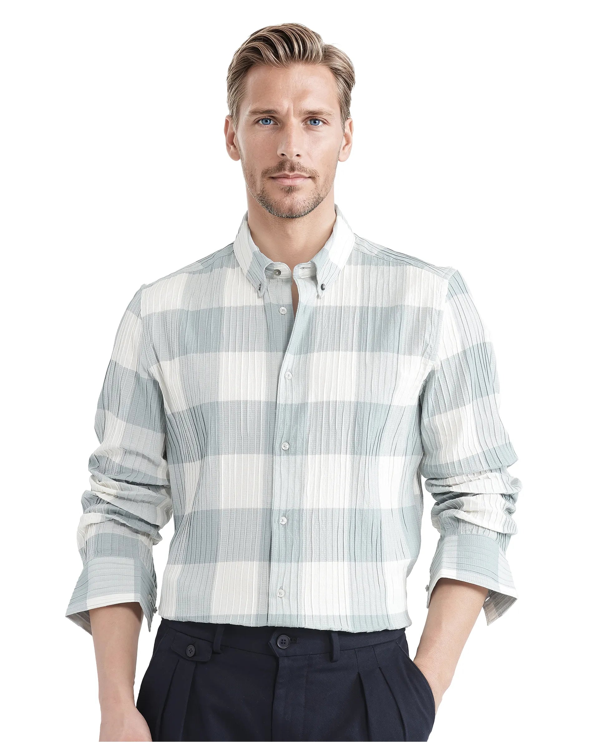 Rare Rabbit Men's Mew Turq Cotton Fabric Full Sleeve Regular Collared Button Closure Ribbed Check Printed Shirt