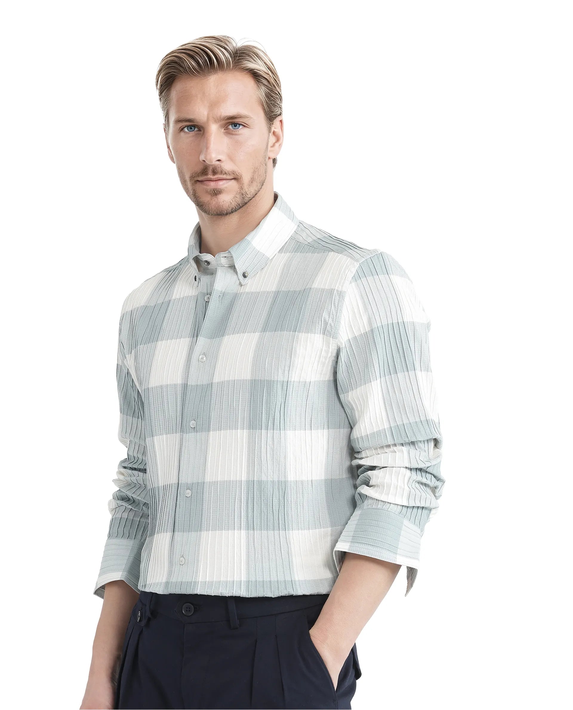 Rare Rabbit Men's Mew Turq Cotton Fabric Full Sleeve Regular Collared Button Closure Ribbed Check Printed Shirt