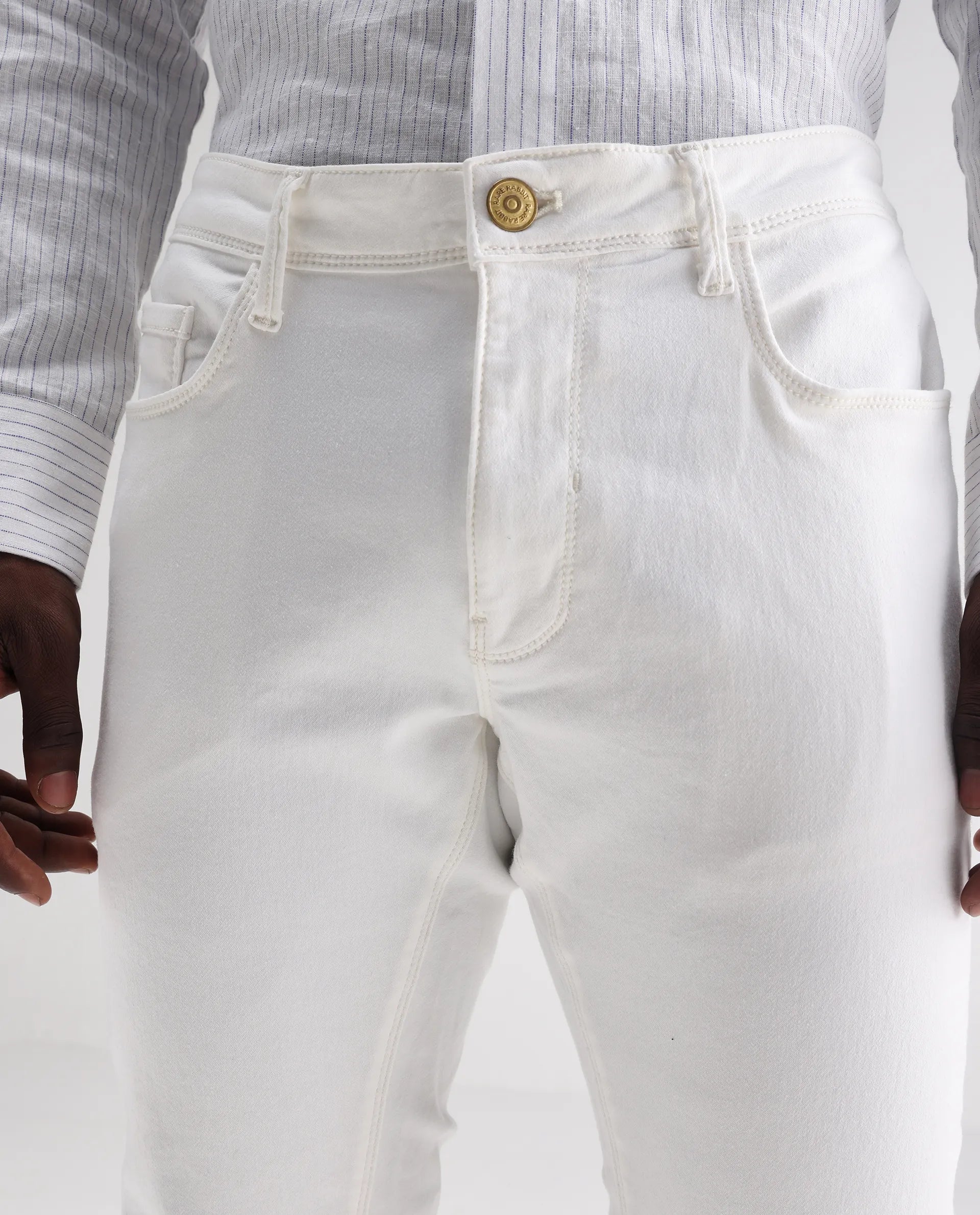 Rare Rabbit Men's Meymac White Cotton Plain Hawk Slim Fit Jeans