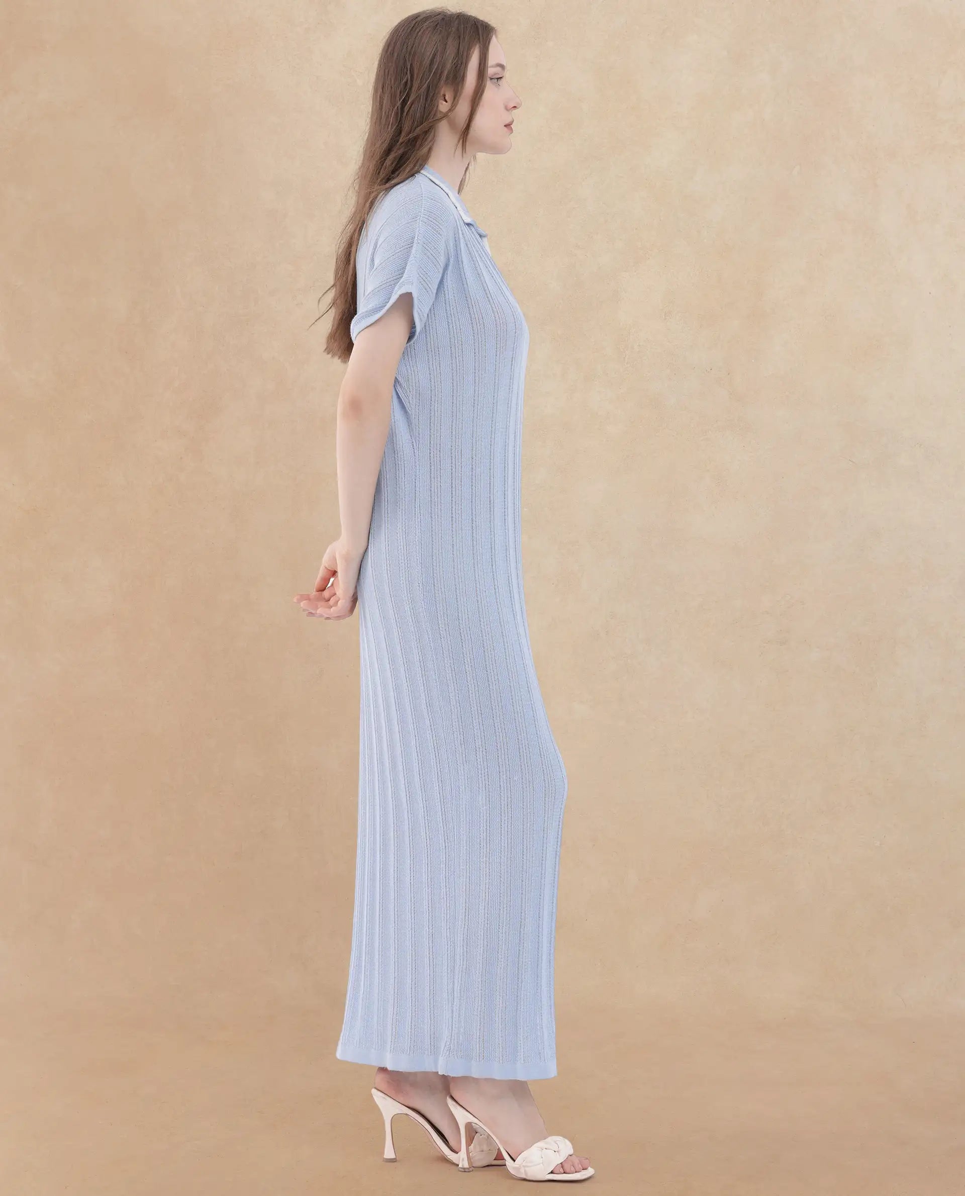 Rareism Women Meyora Light Blue Cotton Fabric Short Sleeves Johnny Collar Extended Sleeve Regular Fit Plain Maxi Dress