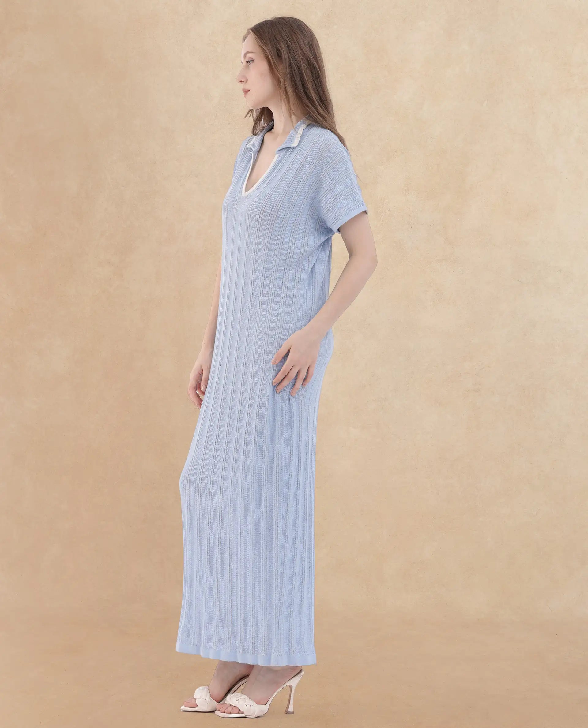 Rareism Women Meyora Light Blue Cotton Fabric Short Sleeves Johnny Collar Extended Sleeve Regular Fit Plain Maxi Dress