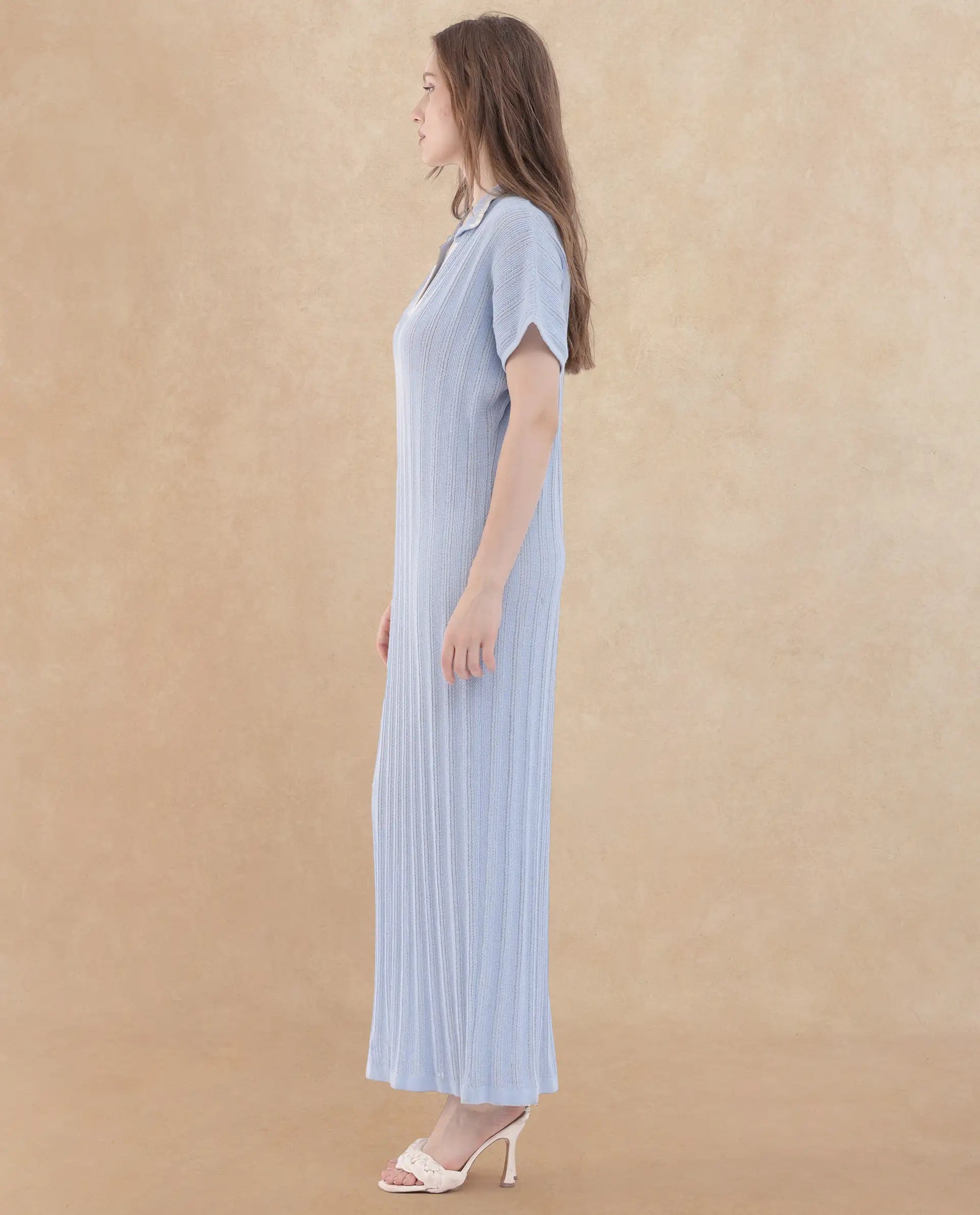 Rareism Women Meyora Light Blue Cotton Fabric Short Sleeves Johnny Collar Extended Sleeve Regular Fit Plain Maxi Dress