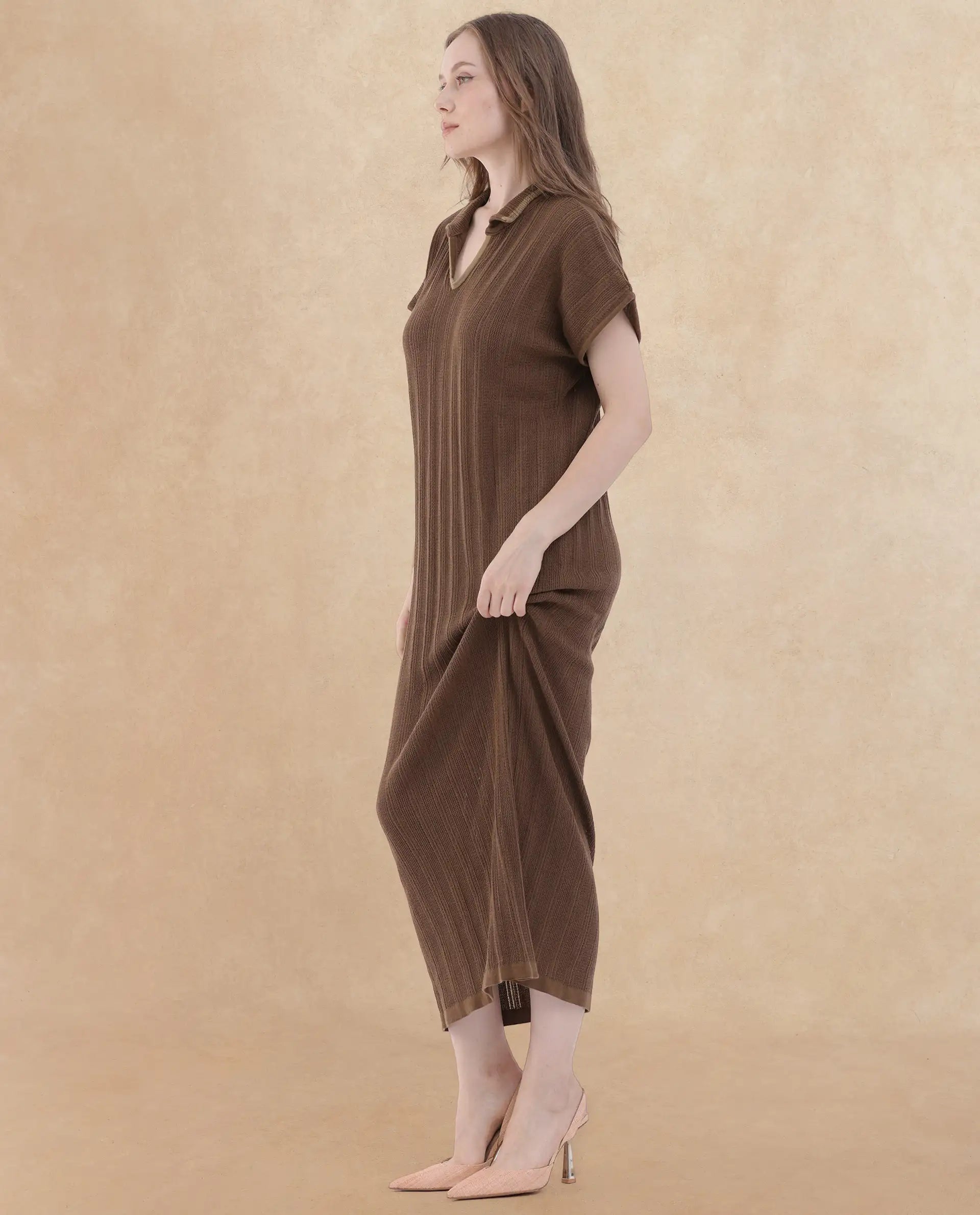 Rareism Women's Meyora Brown Cotton Fabric V-Neck Slip-On Closure Half Sleeve Striped Relaxed Fit Maxi Dress