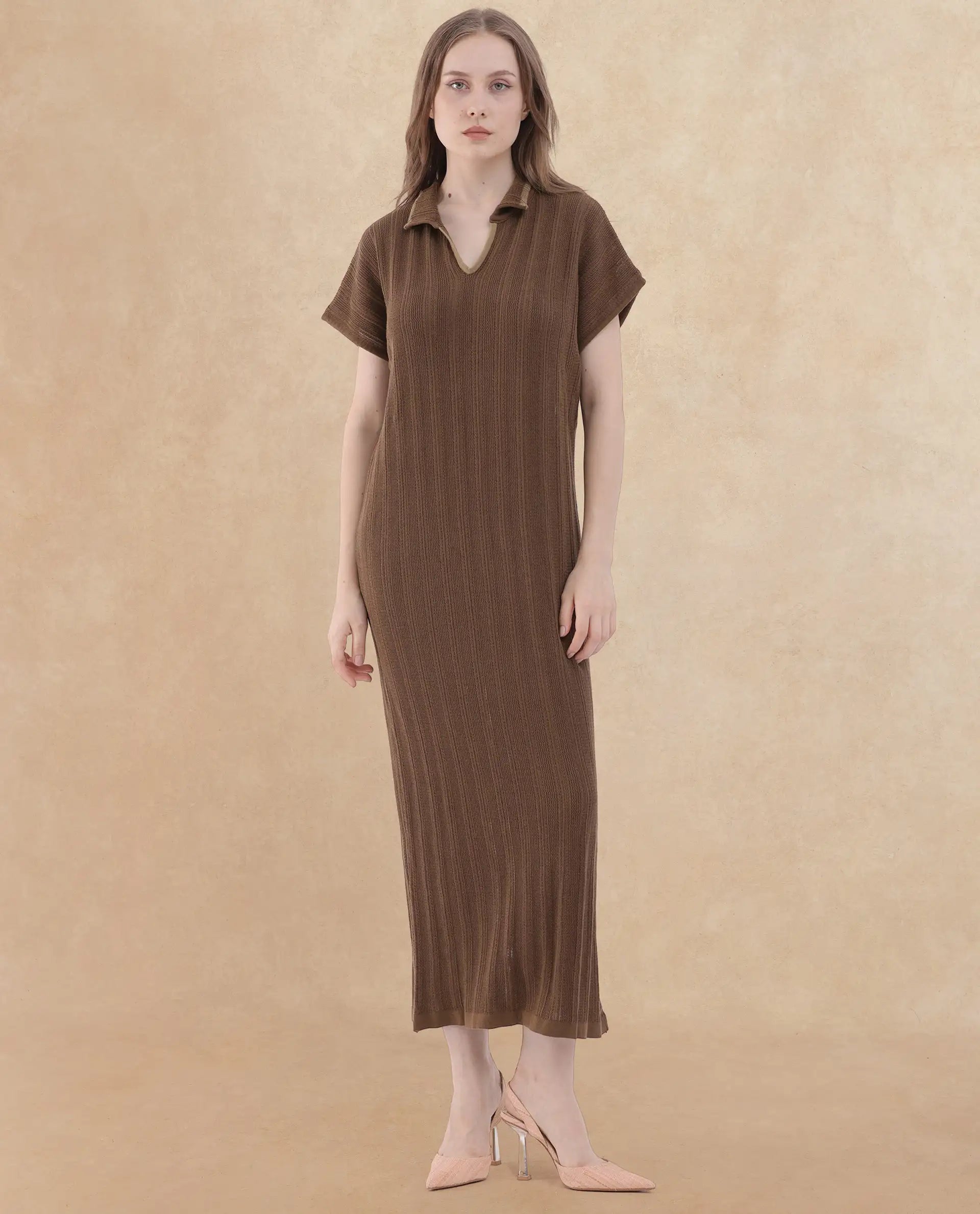 Rareism Women's Meyora Brown Cotton Fabric V-Neck Slip-On Closure Half Sleeve Striped Relaxed Fit Maxi Dress