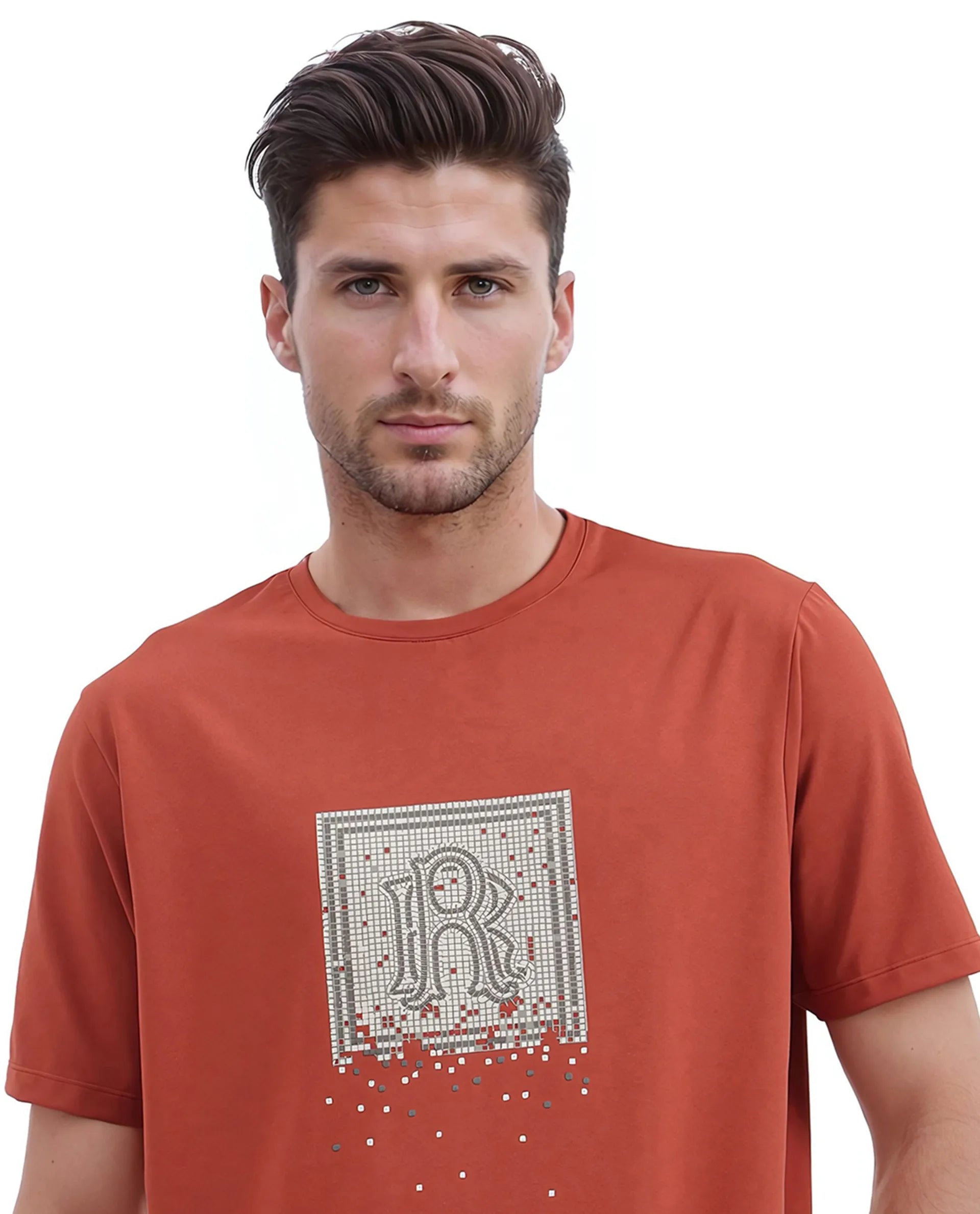 Rare Rabbit Men Mezoc Dark Rust Cotton Poly Fabric Short Sleeve Crew Neck Relaxed Fit HD Print T-Shirt