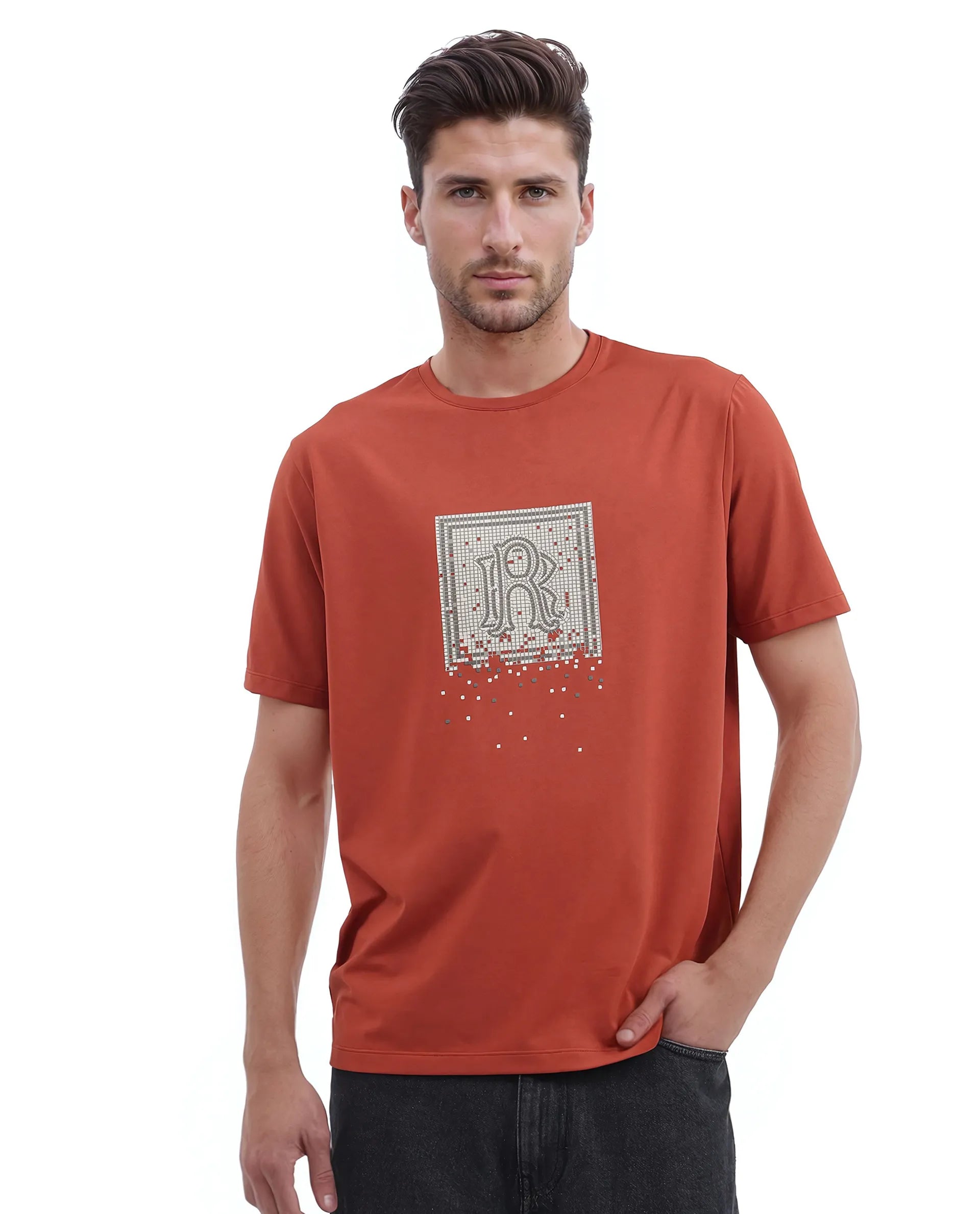 Rare Rabbit Men Mezoc Dark Rust Cotton Poly Fabric Short Sleeve Crew Neck Relaxed Fit HD Print T-Shirt