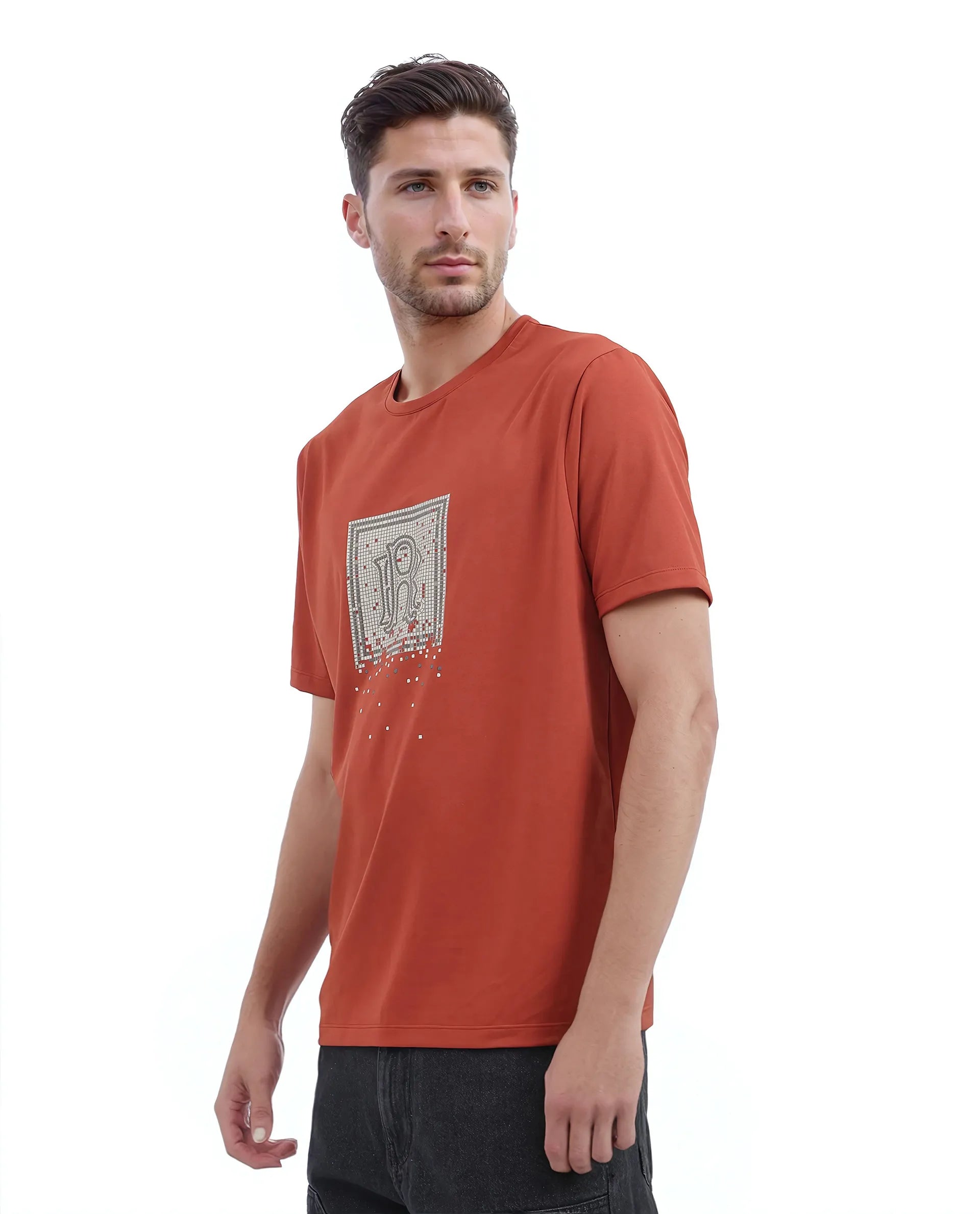 Rare Rabbit Men Mezoc Dark Rust Cotton Poly Fabric Short Sleeve Crew Neck Relaxed Fit HD Print T-Shirt