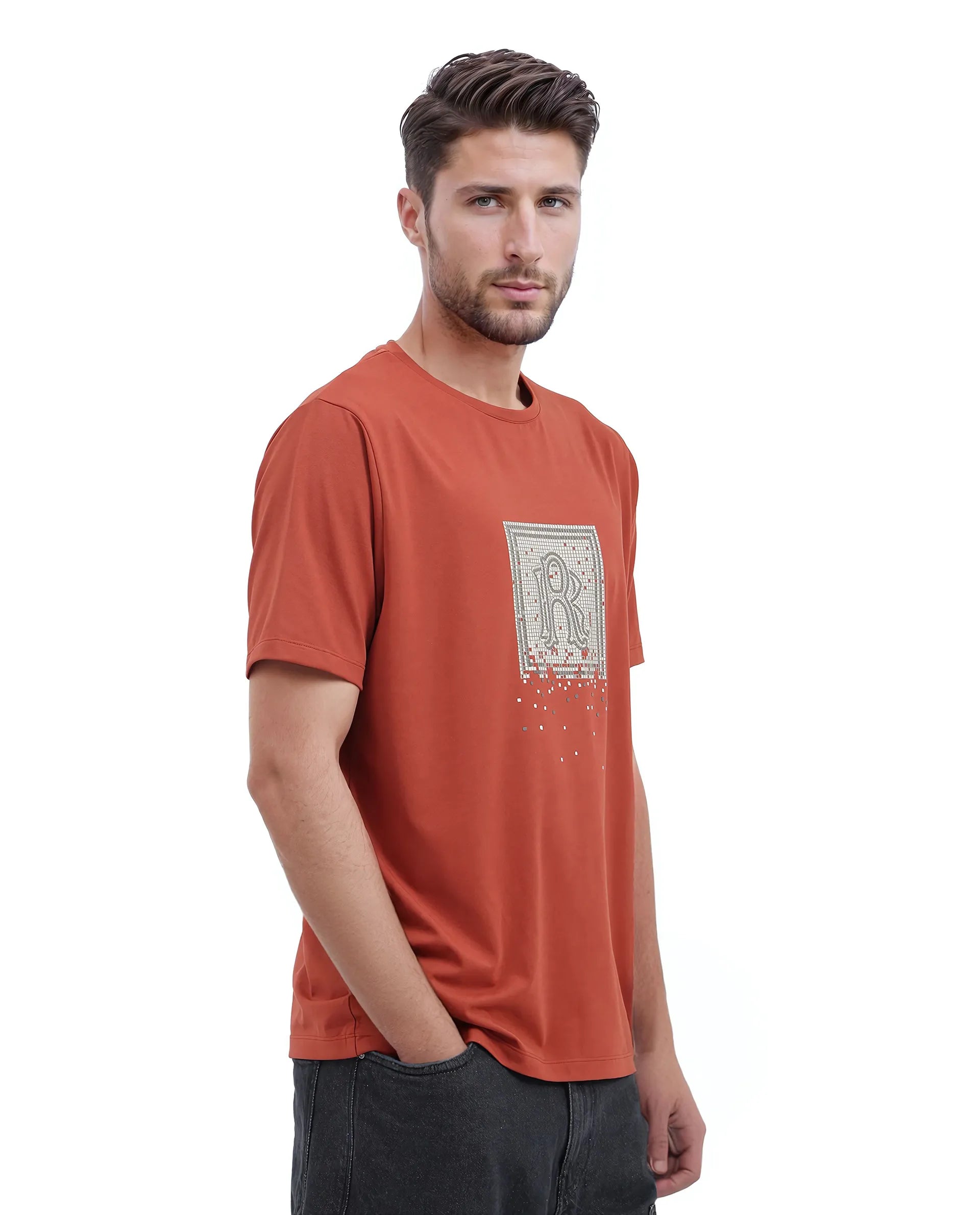 Rare Rabbit Men Mezoc Dark Rust Cotton Poly Fabric Short Sleeve Crew Neck Relaxed Fit HD Print T-Shirt
