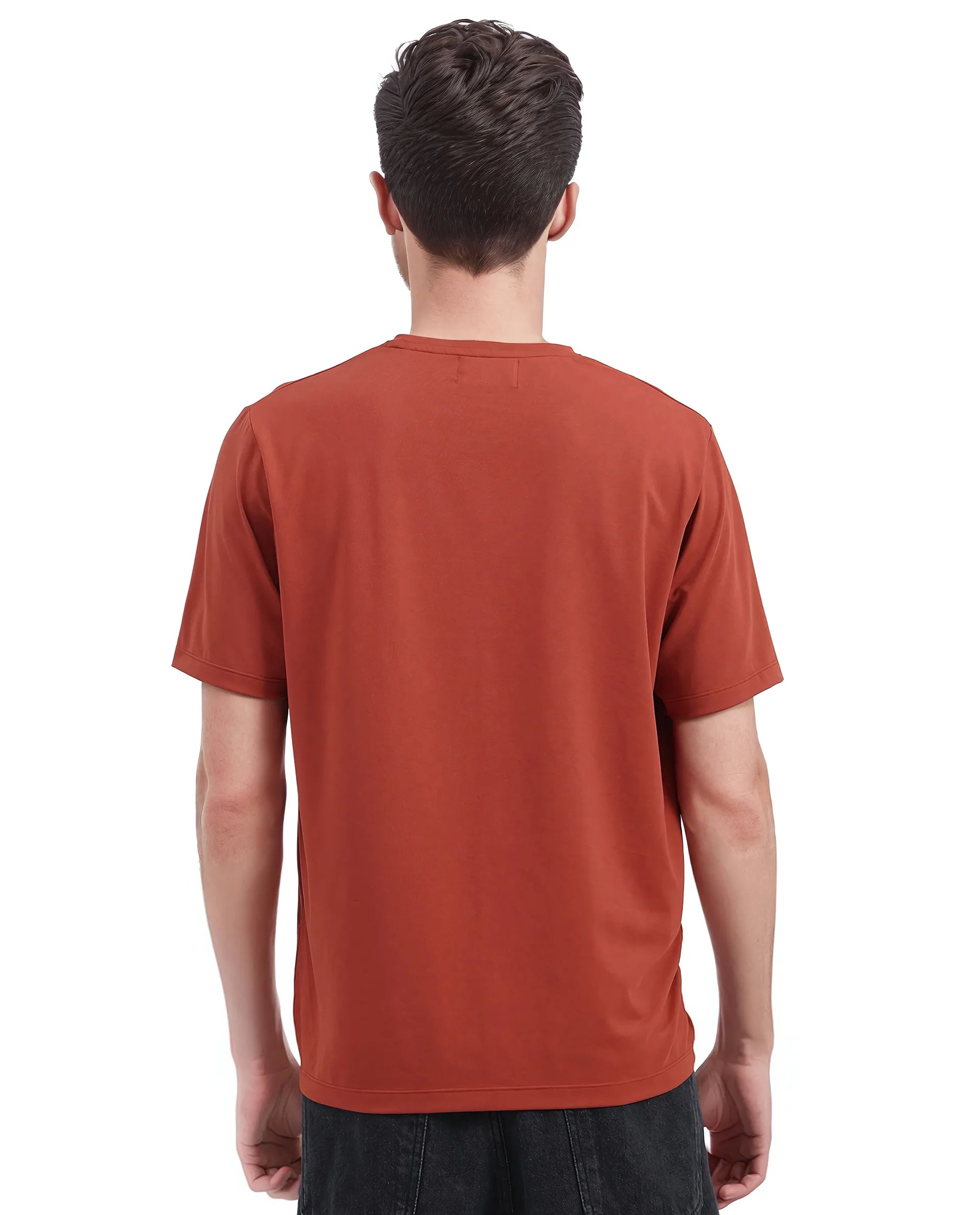 Rare Rabbit Men Mezoc Dark Rust Cotton Poly Fabric Short Sleeve Crew Neck Relaxed Fit HD Print T-Shirt