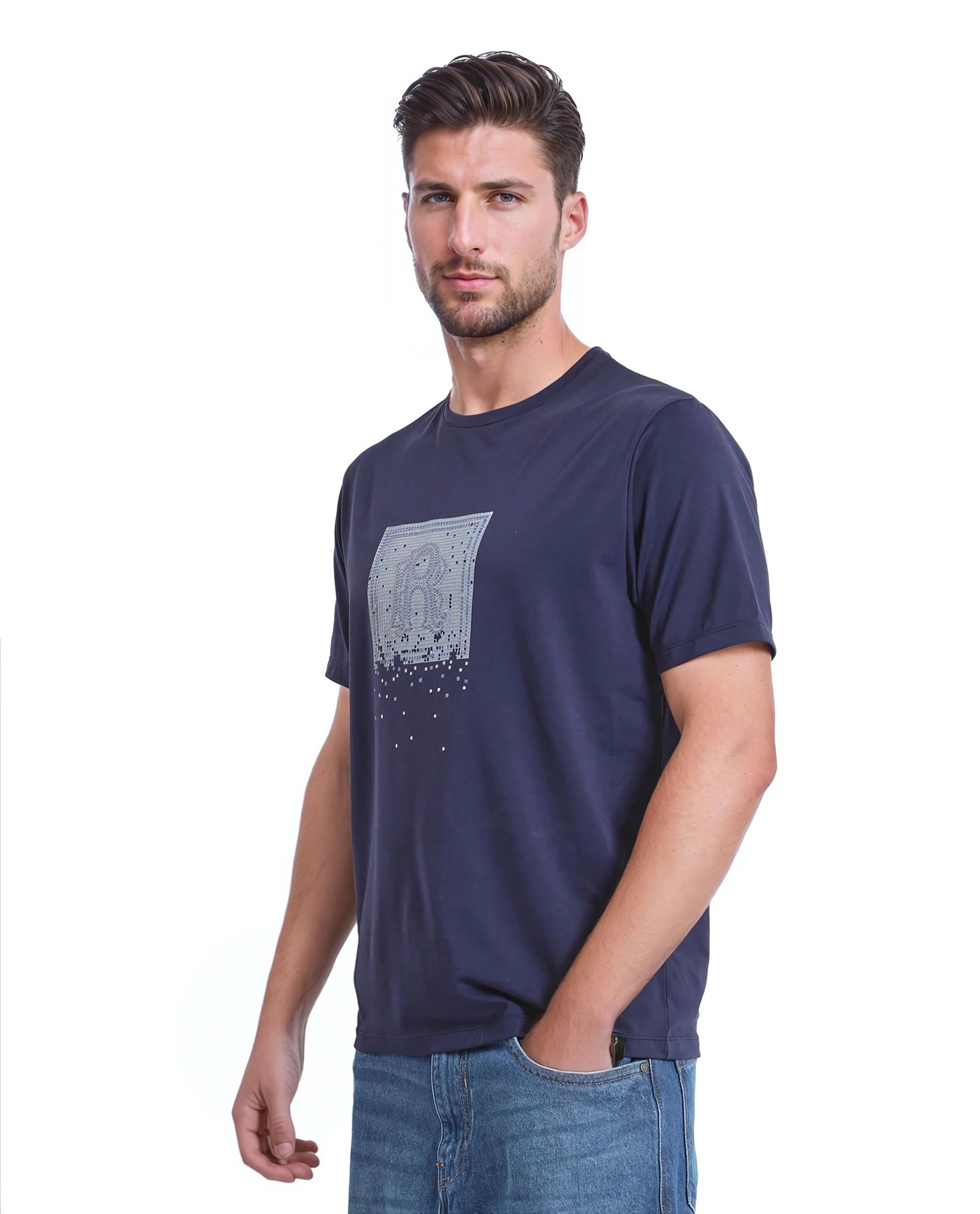 Rare Rabbit Men Mezoc Navy Cotton Poly Fabric Short Sleeve Crew Neck Relaxed Fit HD Print T-Shirt