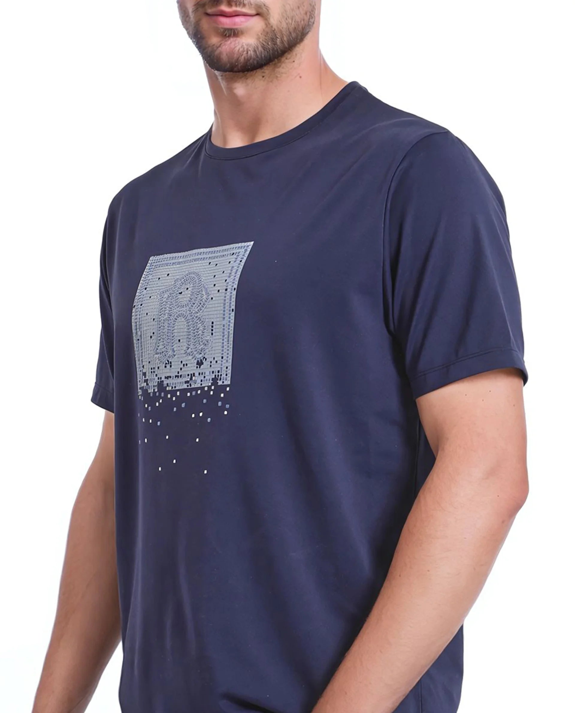 Rare Rabbit Men Mezoc Navy Cotton Poly Fabric Short Sleeve Crew Neck Relaxed Fit HD Print T-Shirt