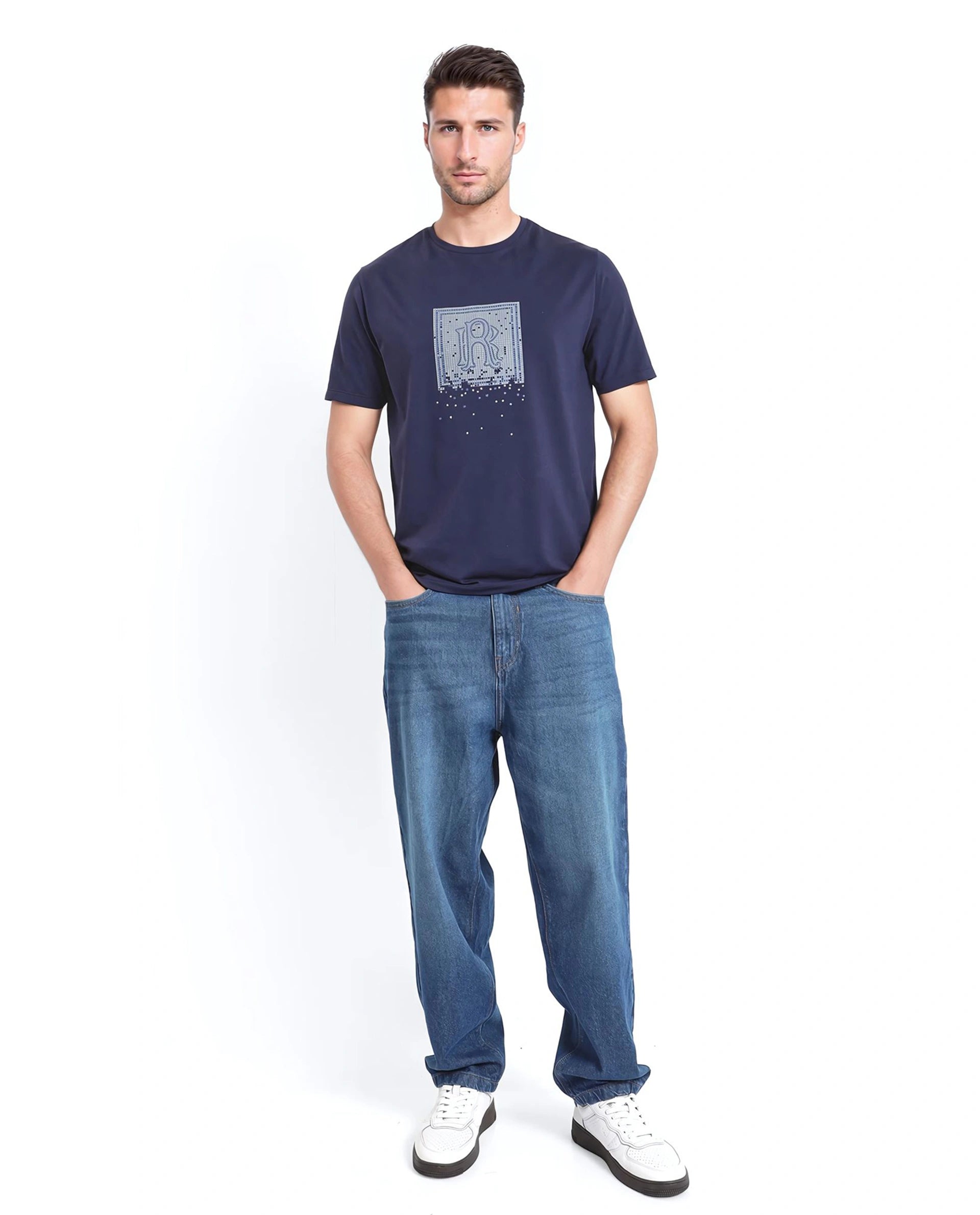 Rare Rabbit Men Mezoc Navy Cotton Poly Fabric Short Sleeve Crew Neck Relaxed Fit HD Print T-Shirt