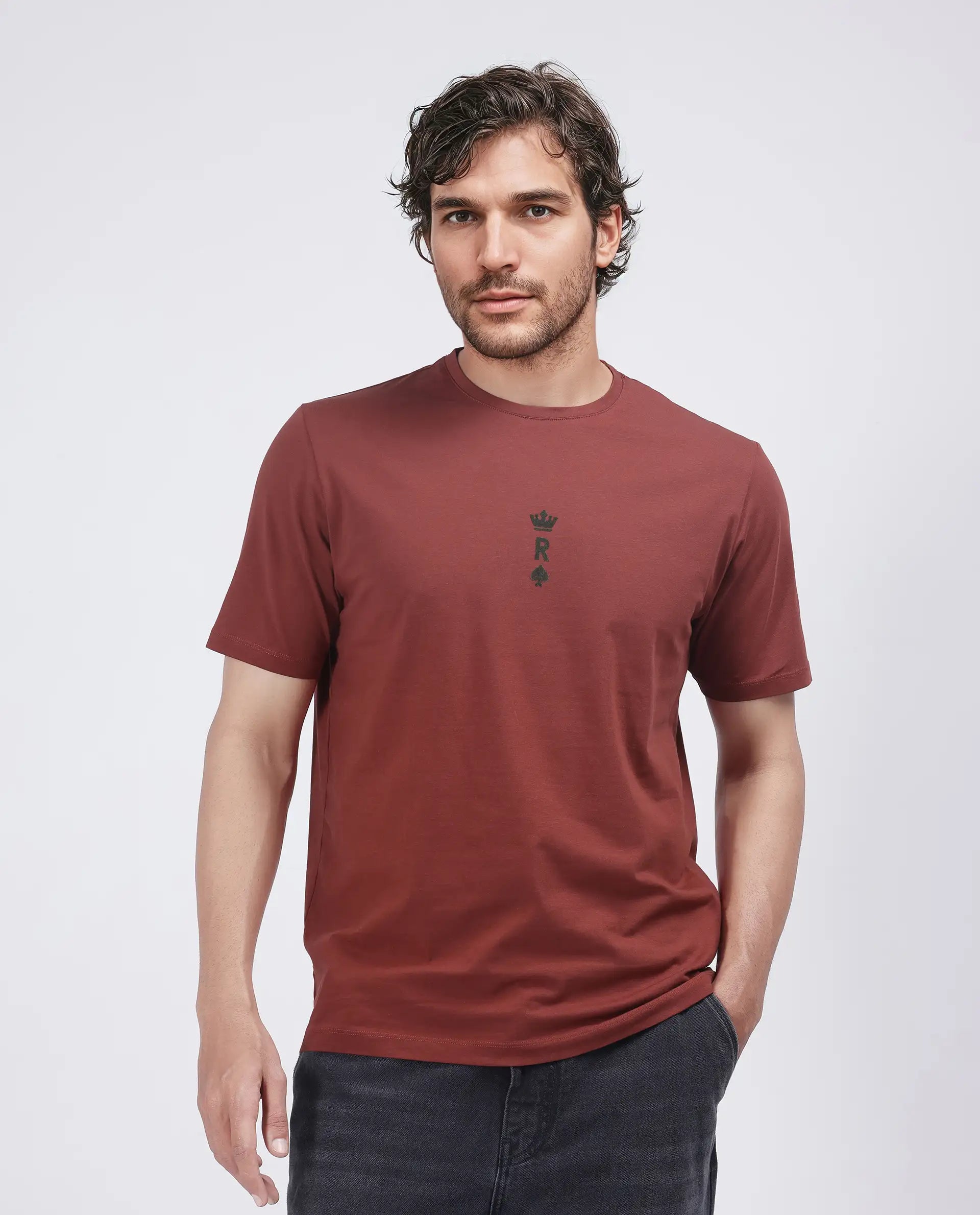 Rare Rabbit Men Miam Red Cotton Lycra Fabric Short Sleeve Crew Neck Regular Fit Flock Printed Crown T-Shirt