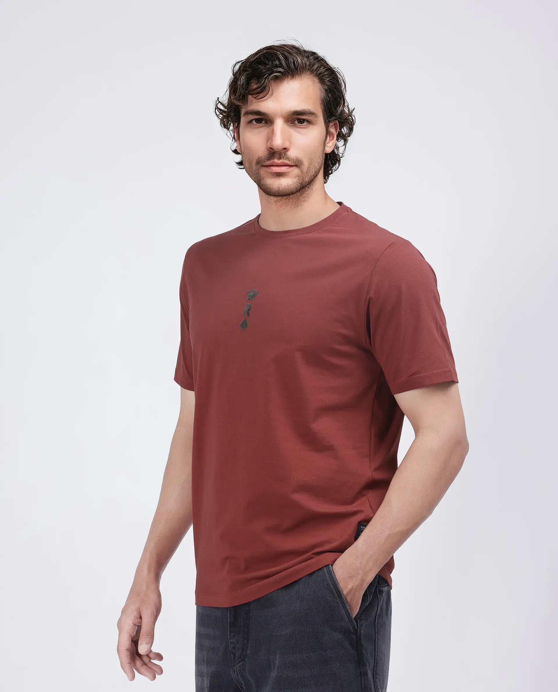 Rare Rabbit Men Miam Red Cotton Lycra Fabric Short Sleeve Crew Neck Regular Fit Flock Printed Crown T-Shirt