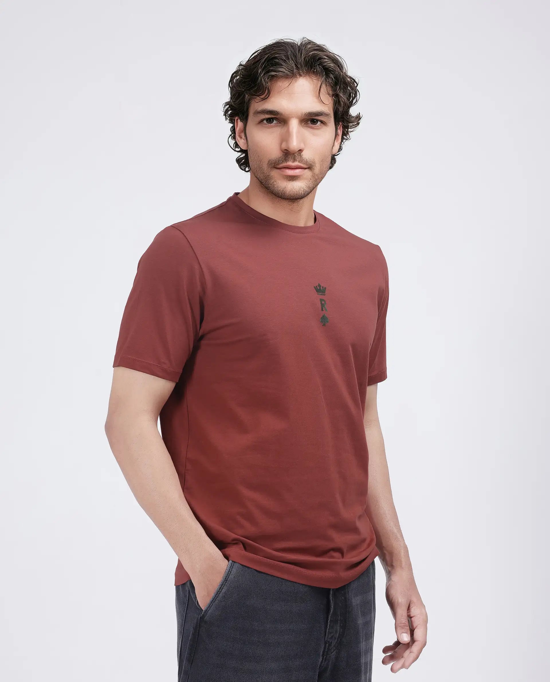 Rare Rabbit Men Miam Red Cotton Lycra Fabric Short Sleeve Crew Neck Regular Fit Flock Printed Crown T-Shirt