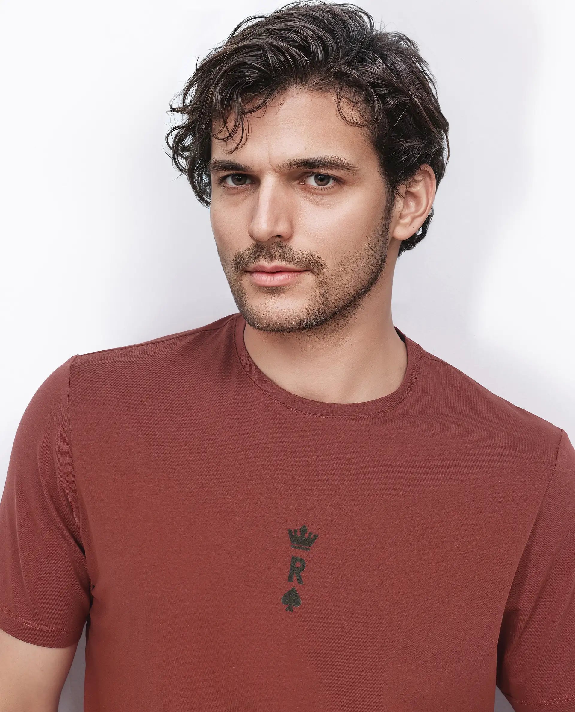 Rare Rabbit Men Miam Red Cotton Lycra Fabric Short Sleeve Crew Neck Regular Fit Flock Printed Crown T-Shirt