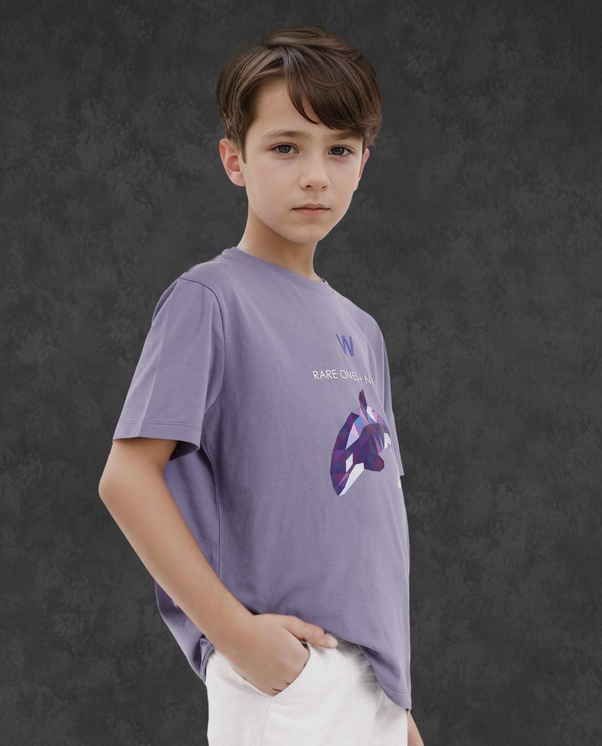 Rare Ones Kids Micah Purple Cotton Fabric Half Sleeves Crew Neck Animal Graphic Print T-Shirt