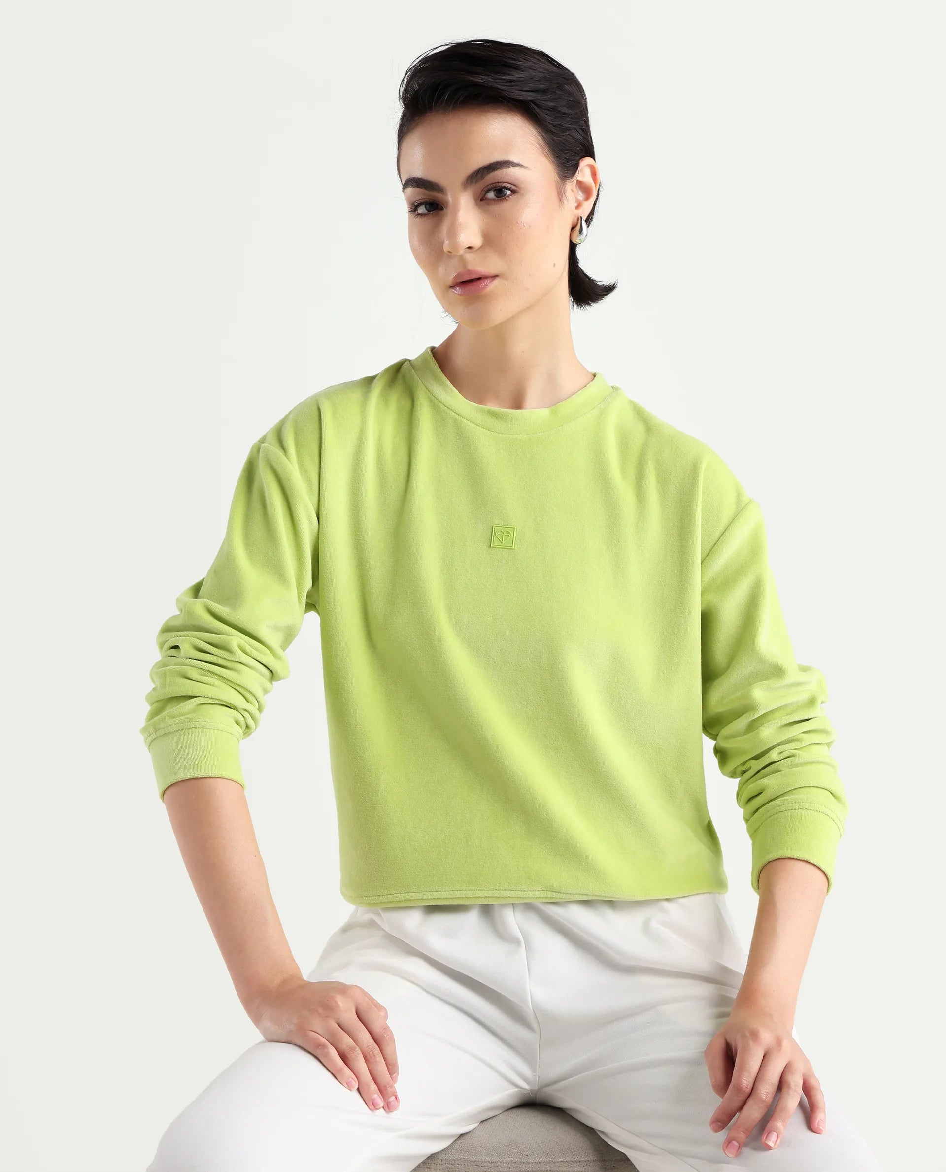 Rareism Women's Miccoli Light Green Cotton Blend Crew Neck Graphic Print Cuffed Sleeve Regular Fit Sweatshirt