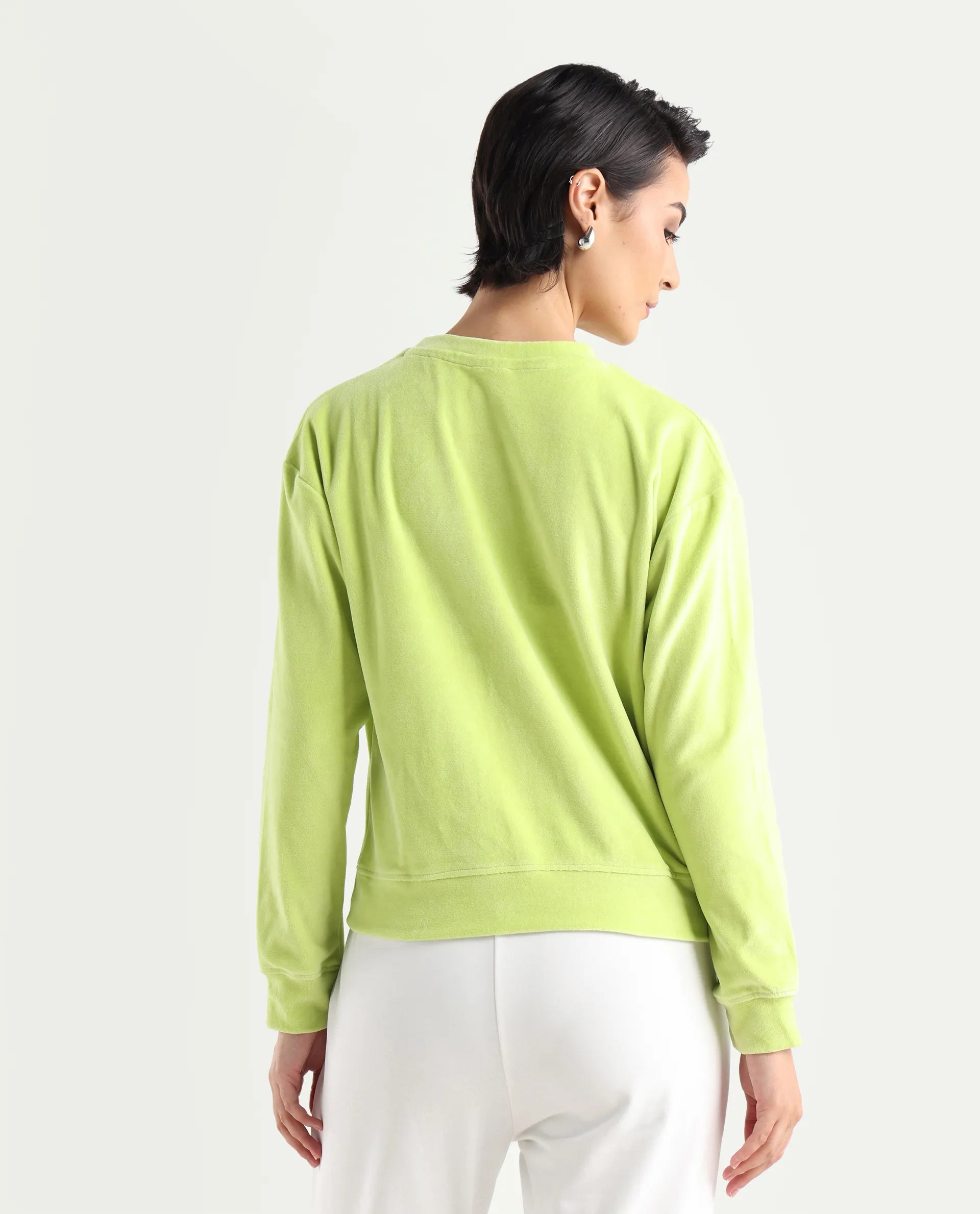 Rareism Women's Miccoli Light Green Cotton Blend Crew Neck Graphic Print Cuffed Sleeve Regular Fit Sweatshirt