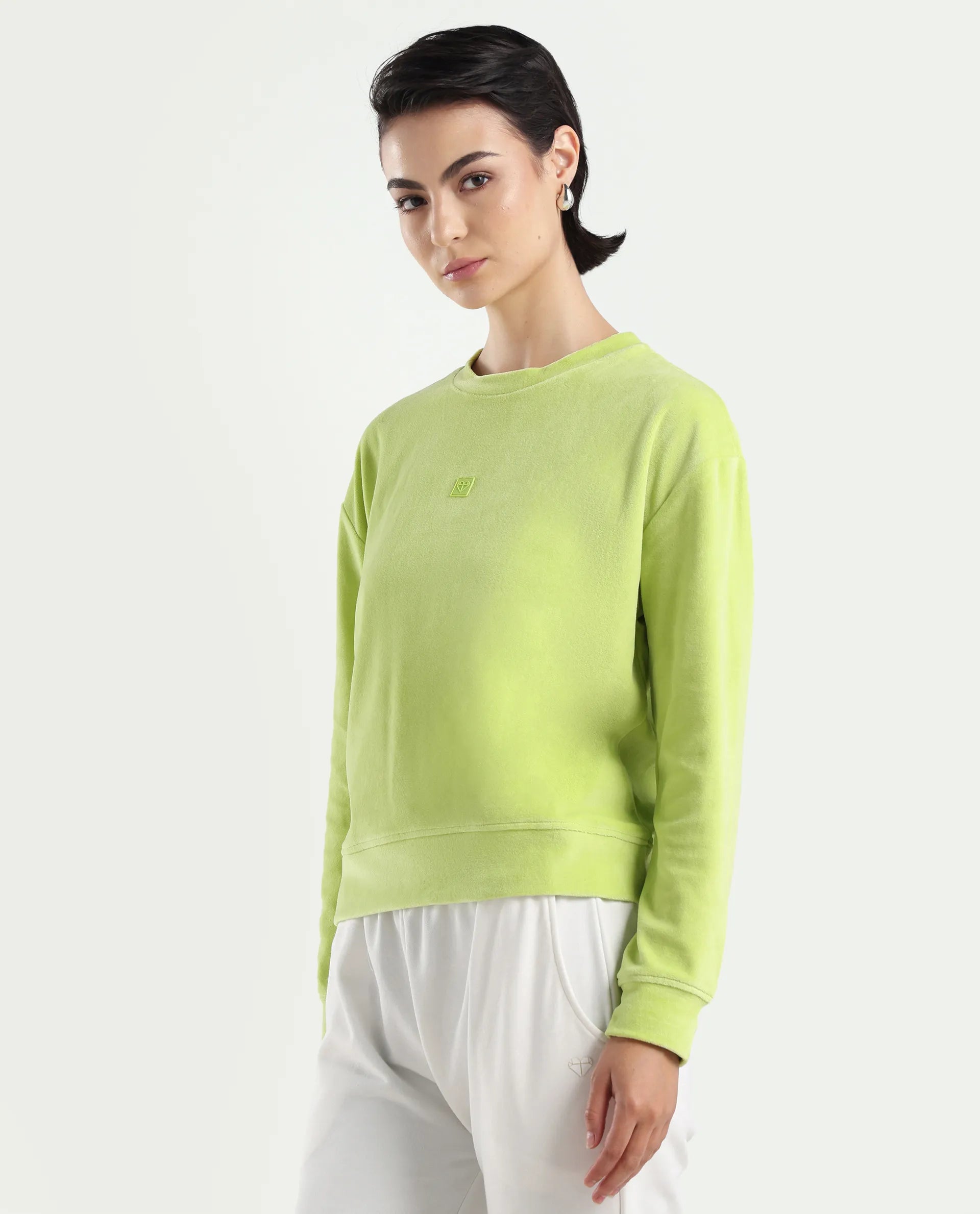 Rareism Women's Miccoli Light Green Cotton Blend Crew Neck Graphic Print Cuffed Sleeve Regular Fit Sweatshirt