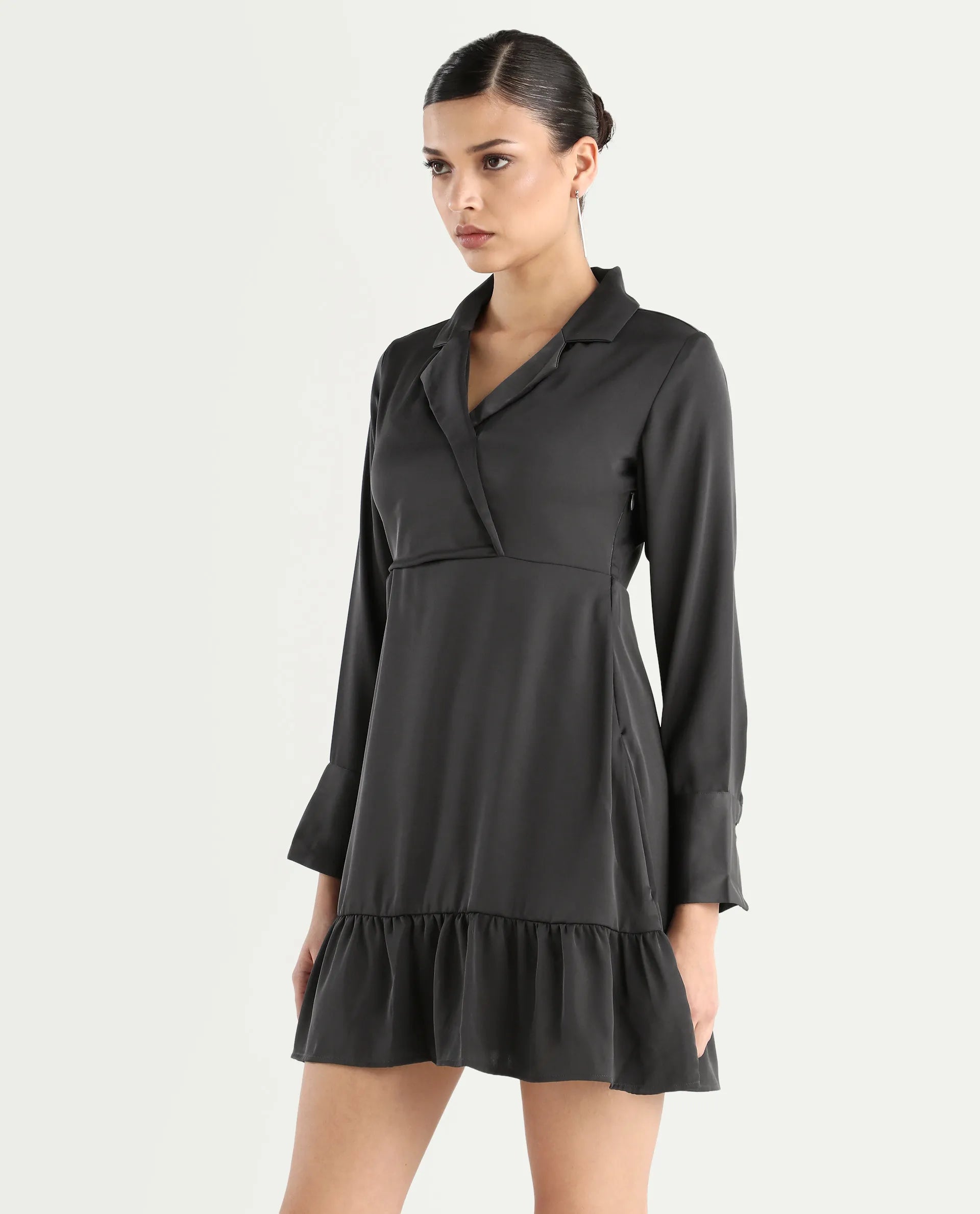 Rareism Women's Michiko Grey Satin Lapel Neck Plain Cuffed Sleeve Mini Fit And Flare Dress
