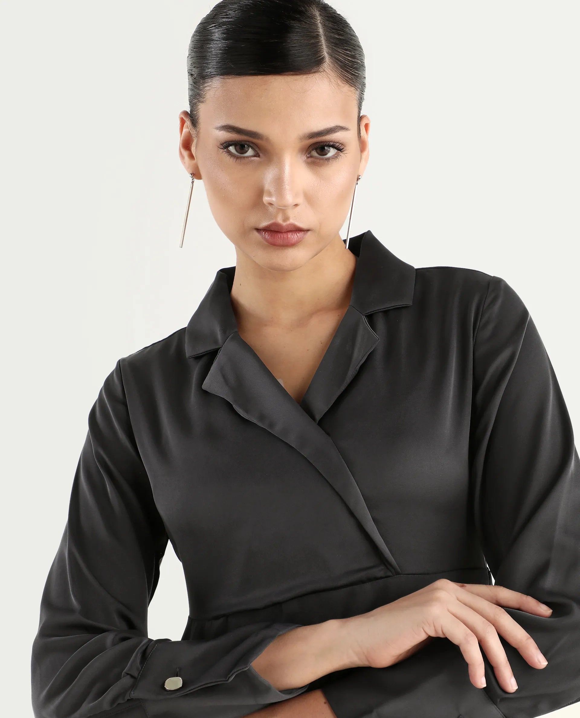 Rareism Women's Michiko Grey Satin Lapel Neck Plain Cuffed Sleeve Mini Fit And Flare Dress